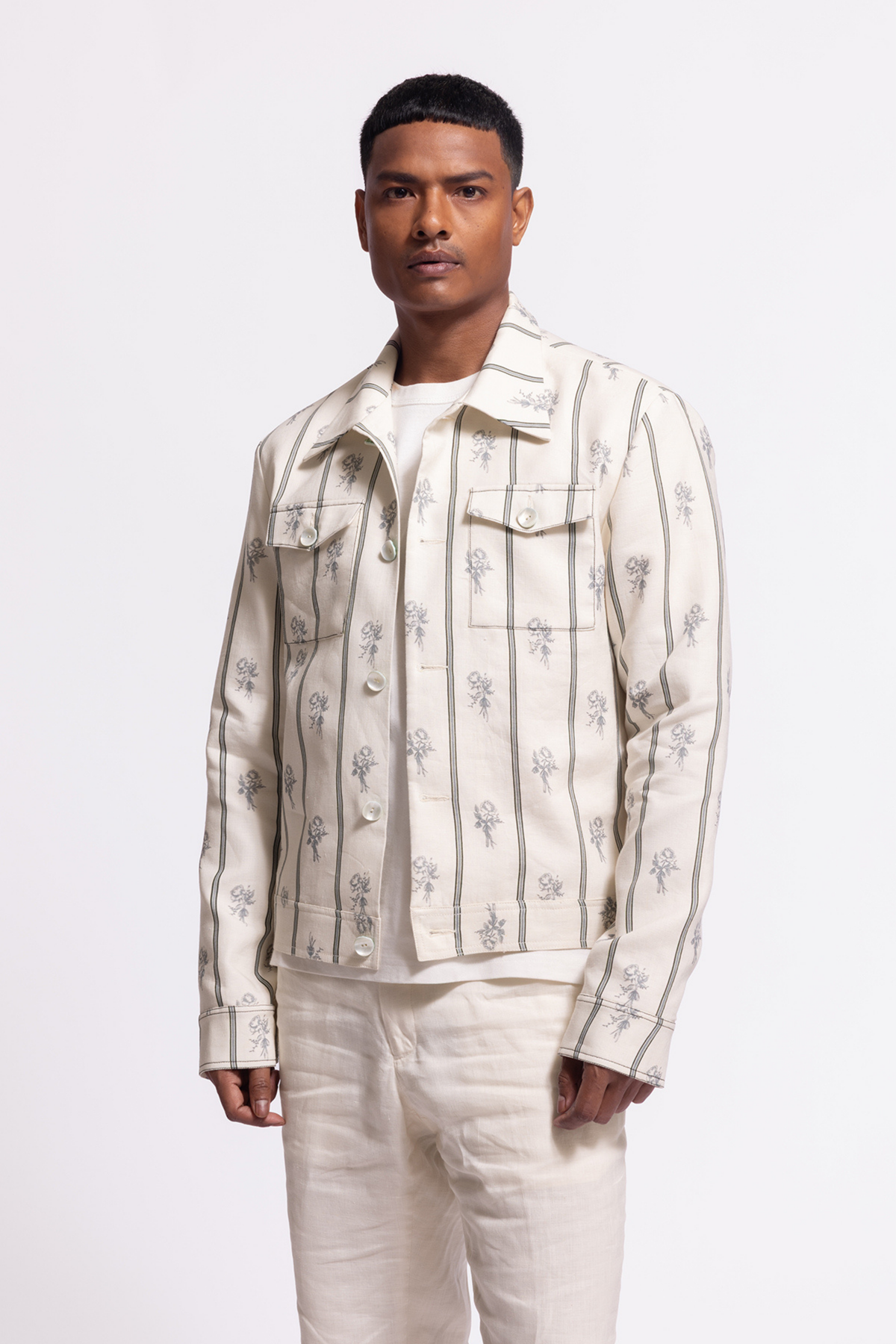 Ivory Jacket With Stripes and Floral Print