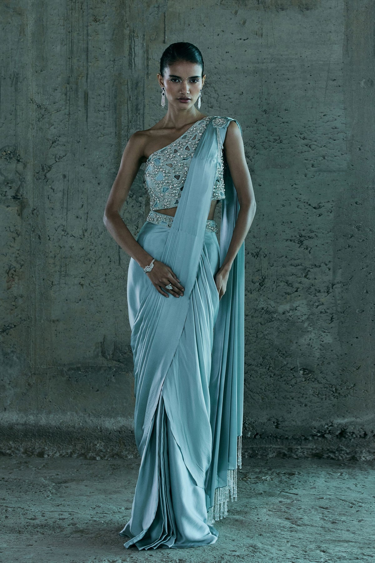 Blue Drape Saree Set