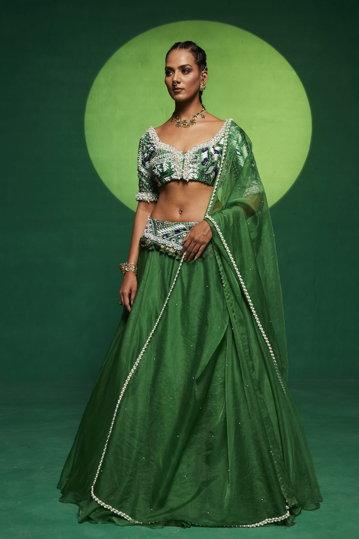 Green Organza Lehenga Set
