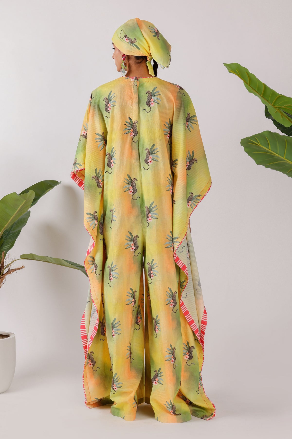 Leopard Print Stripe Ruching Kaftan