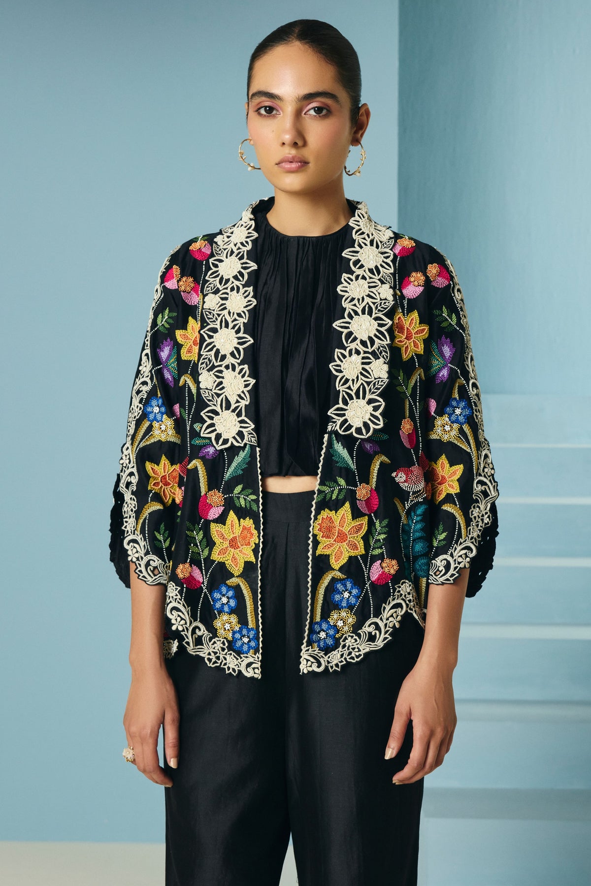 Black Foliage Flared Jacket