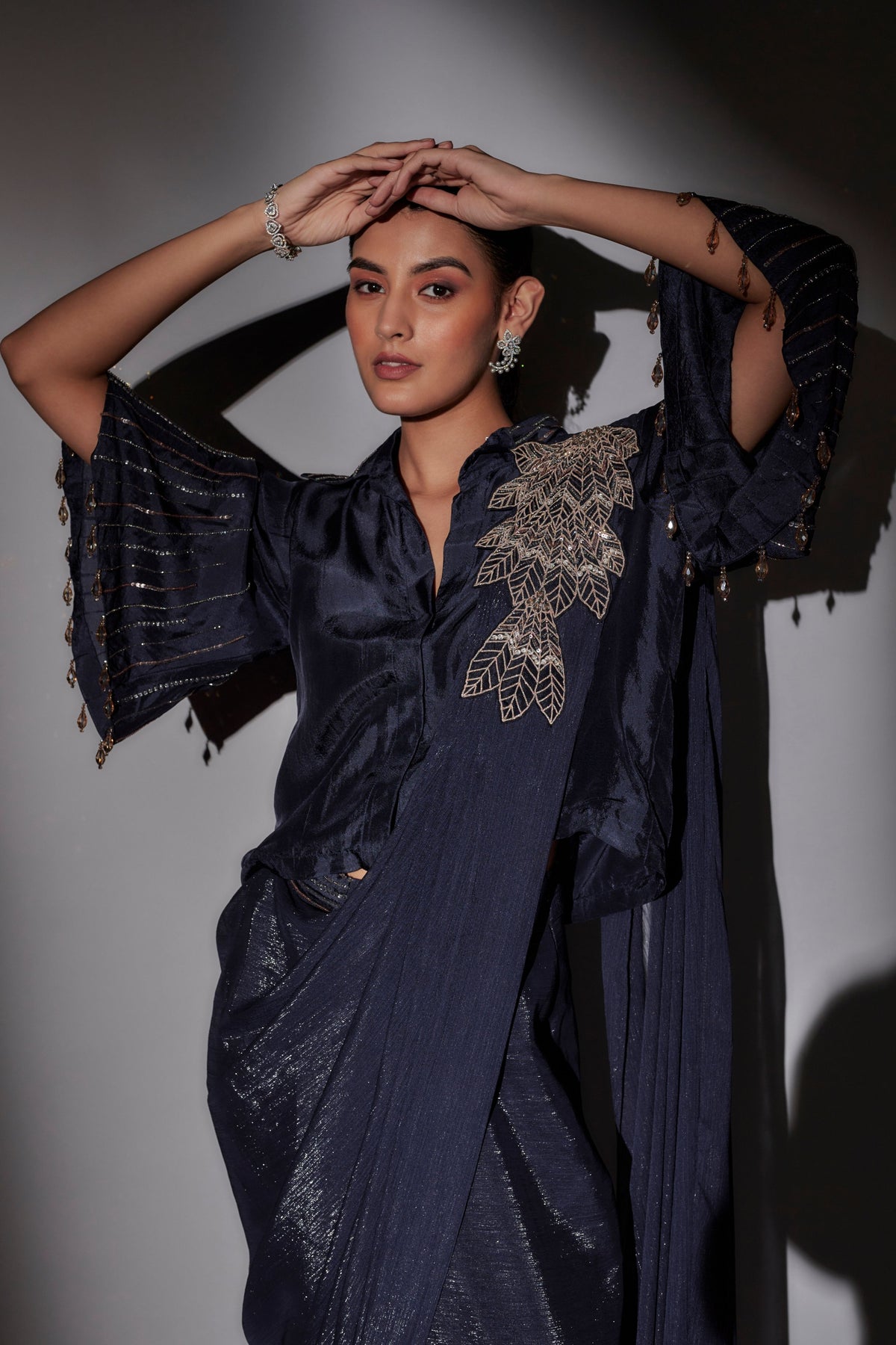 Navy Blue Pre-Draped Saree set