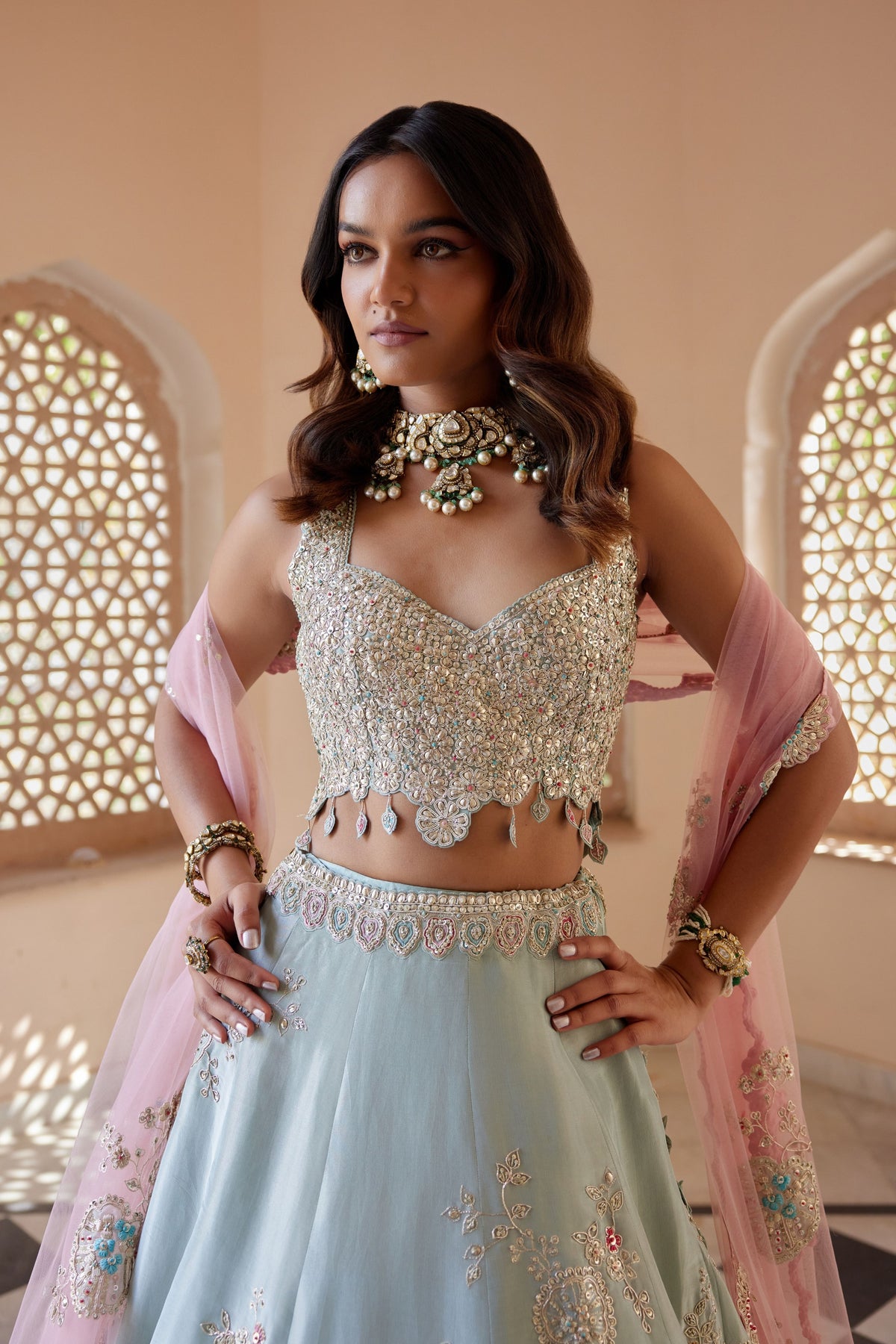 Tea Green Embroidered Lehenga Set
