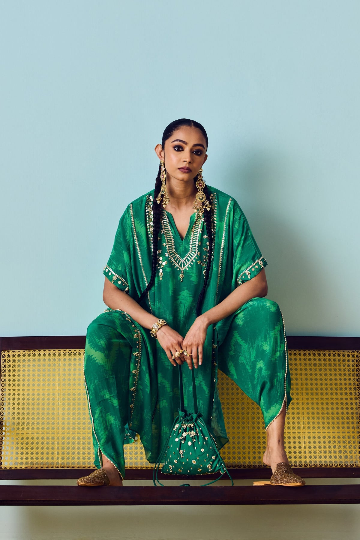 Nourie Coral Green Kaftan Set