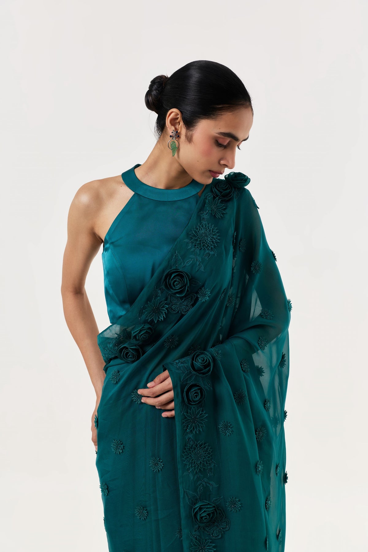 Teal Rose Saree Set