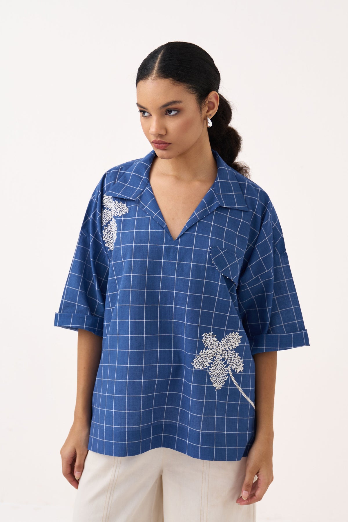 Embroidered V Neck Top