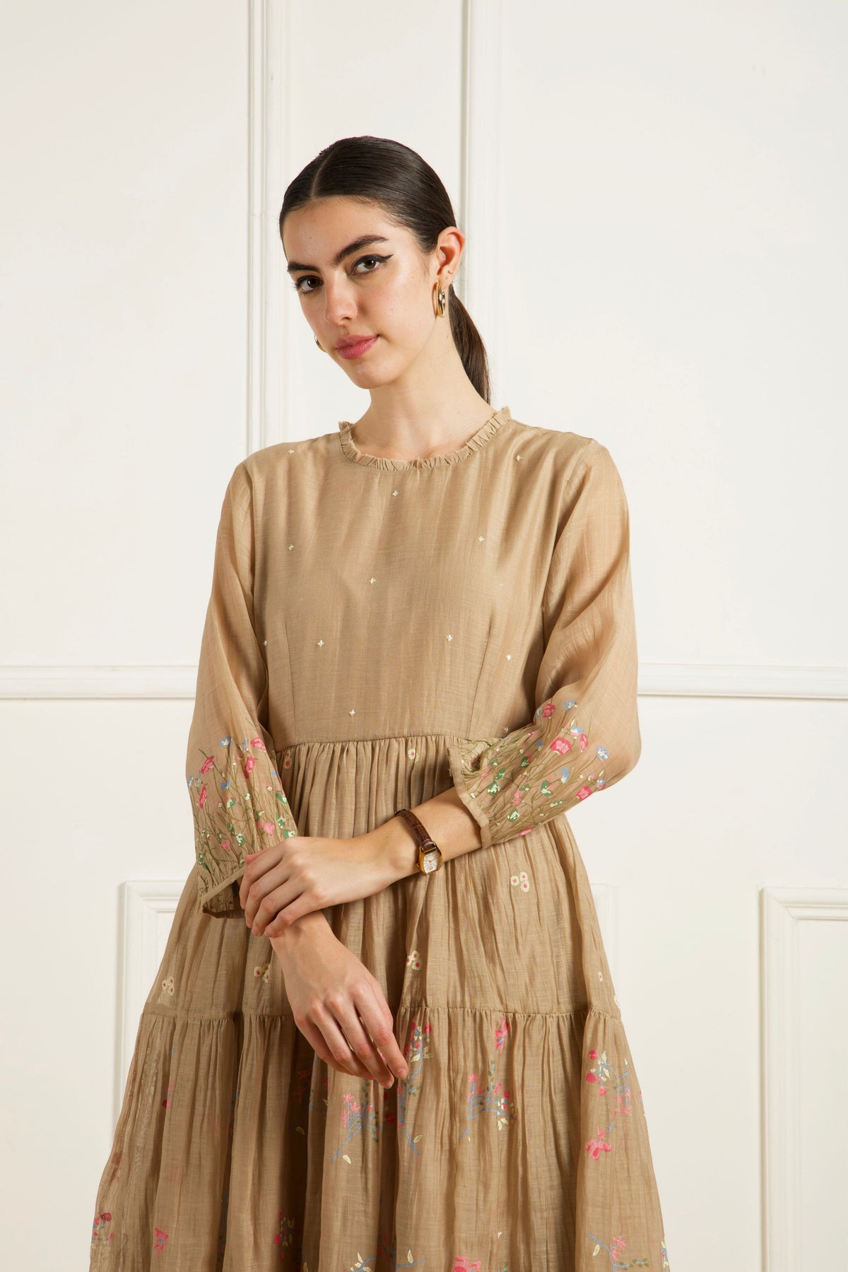 Beige Gathered Kurta Set