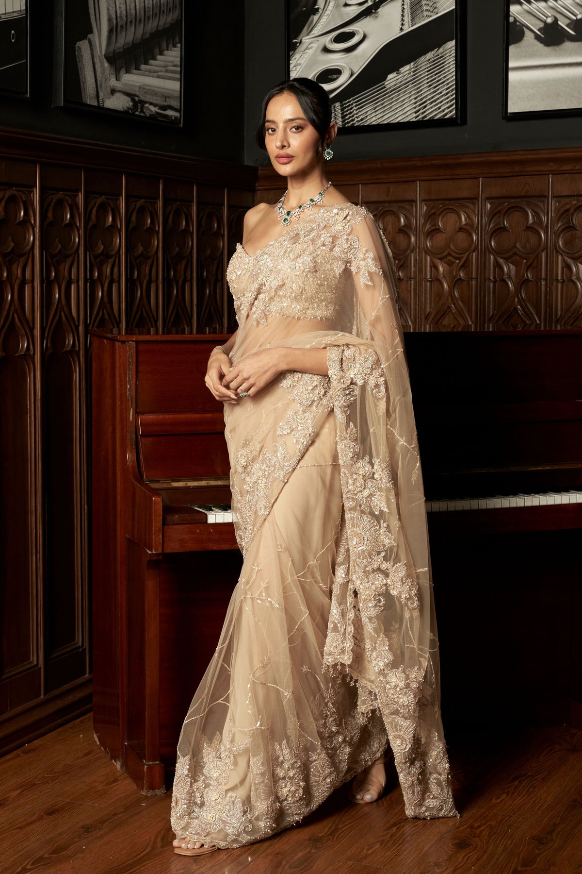 Beige Heavy 3d Saree Set