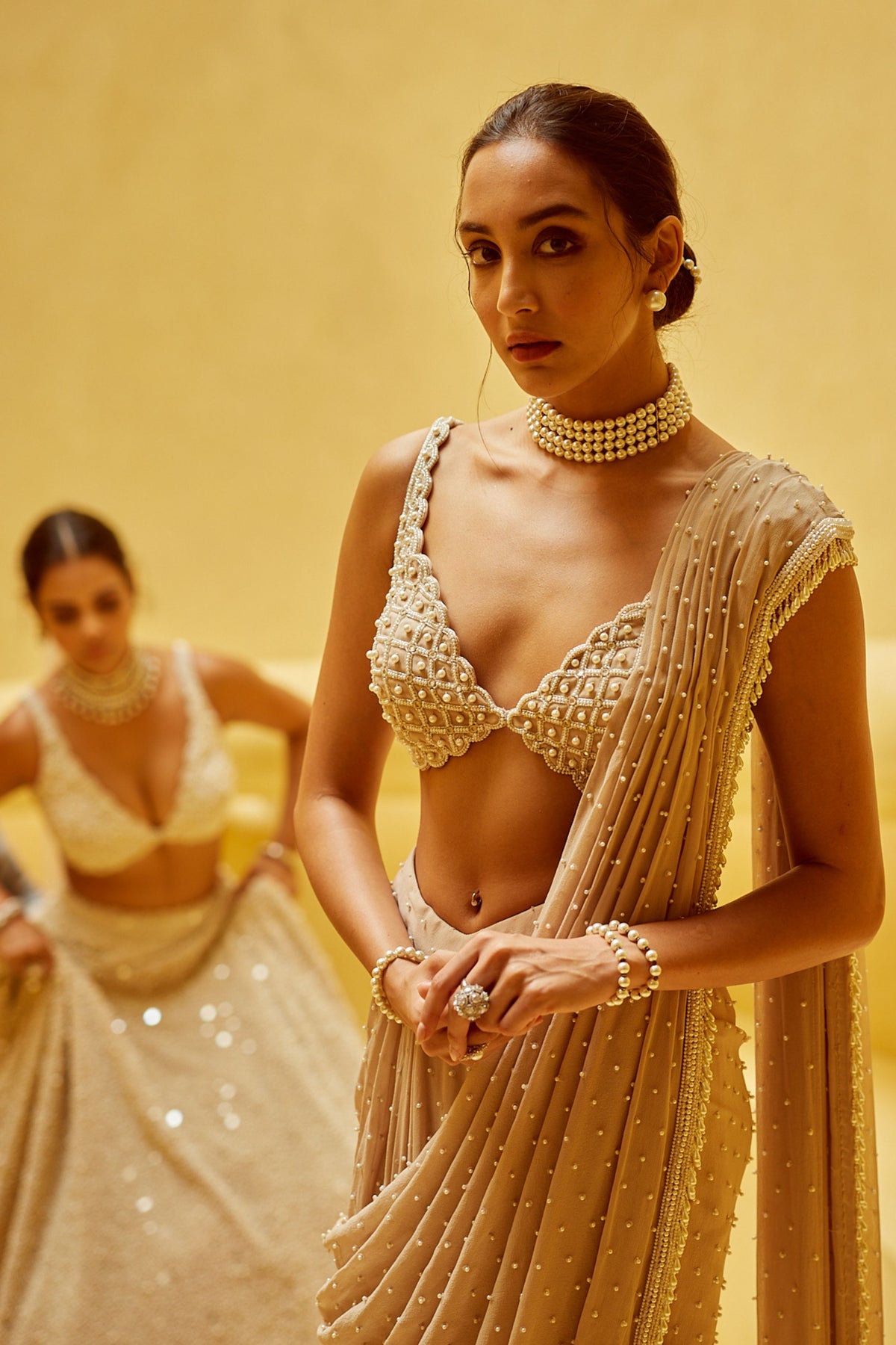 Light Beige Draped Saree Set