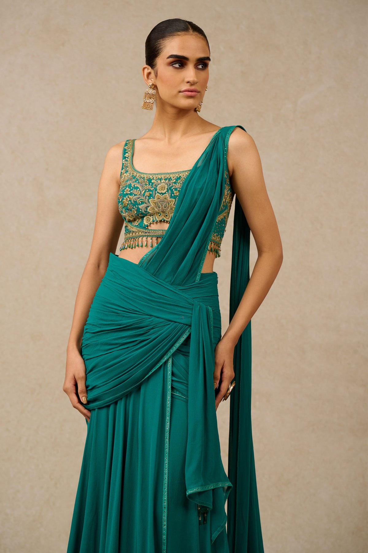 Teal Pre-draped Saree