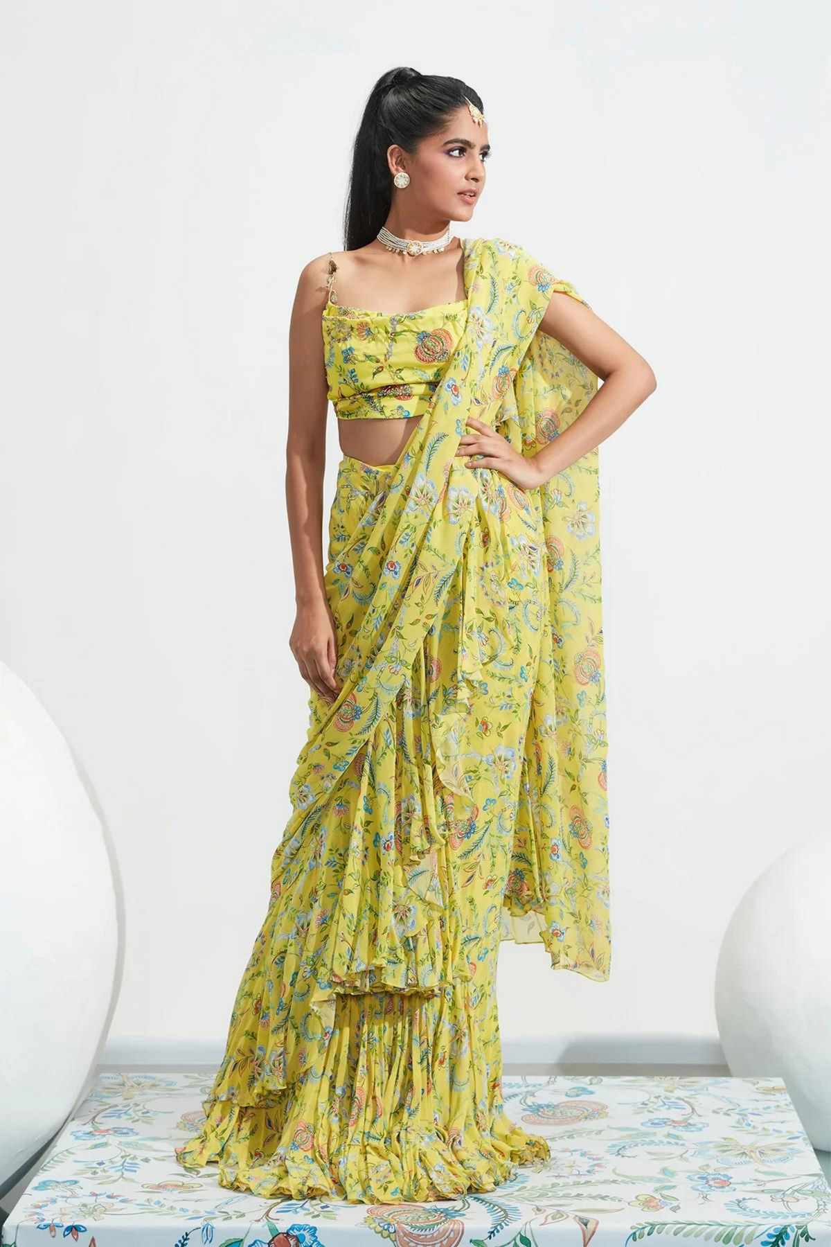 Habiba Yellow Embroidered Ruffle Draped Saree