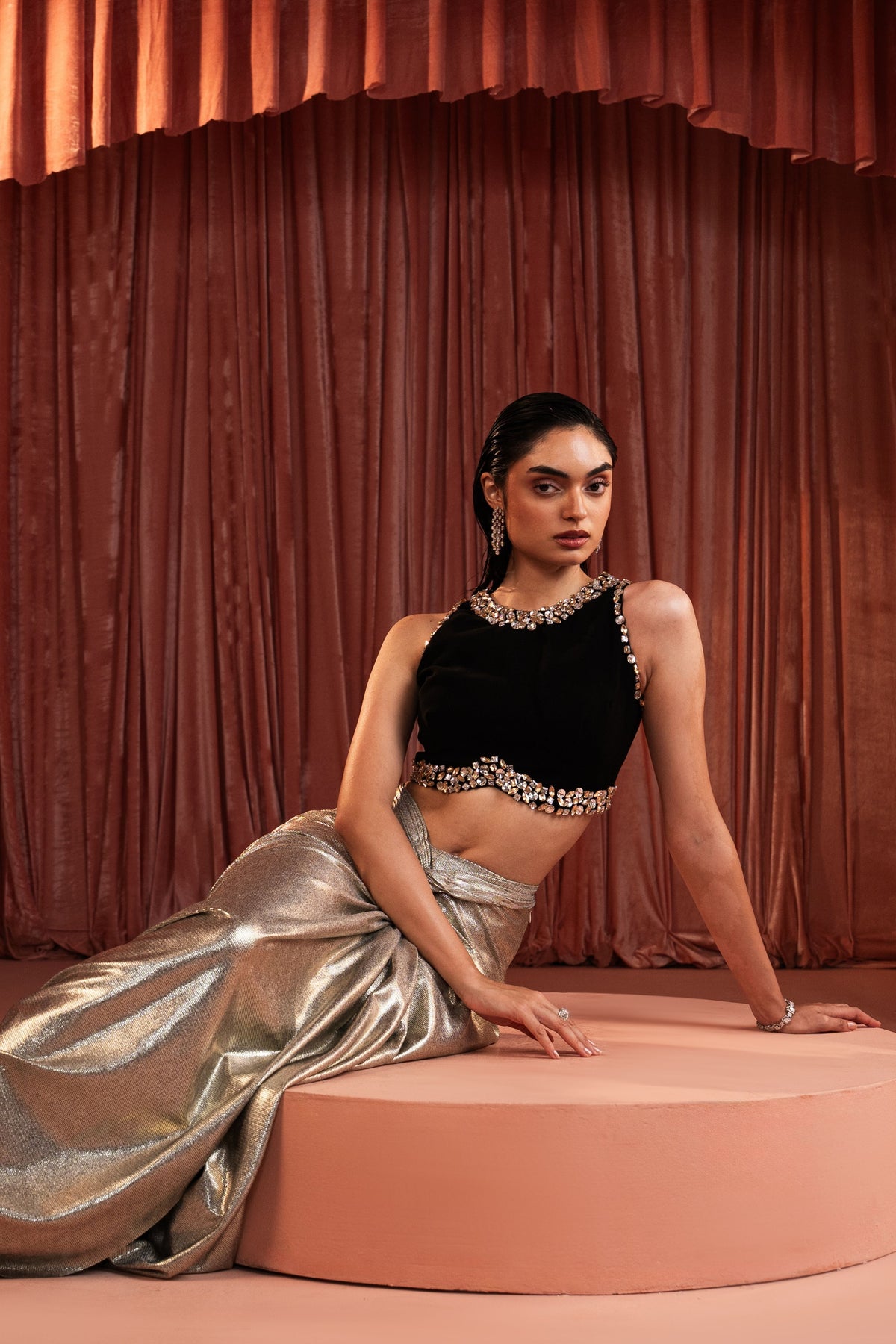 Black Beaded Draped Skirt Set