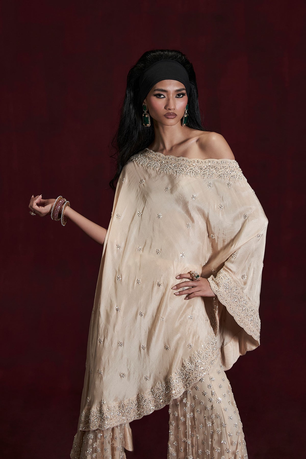 Beige Lana Sharara With Cape