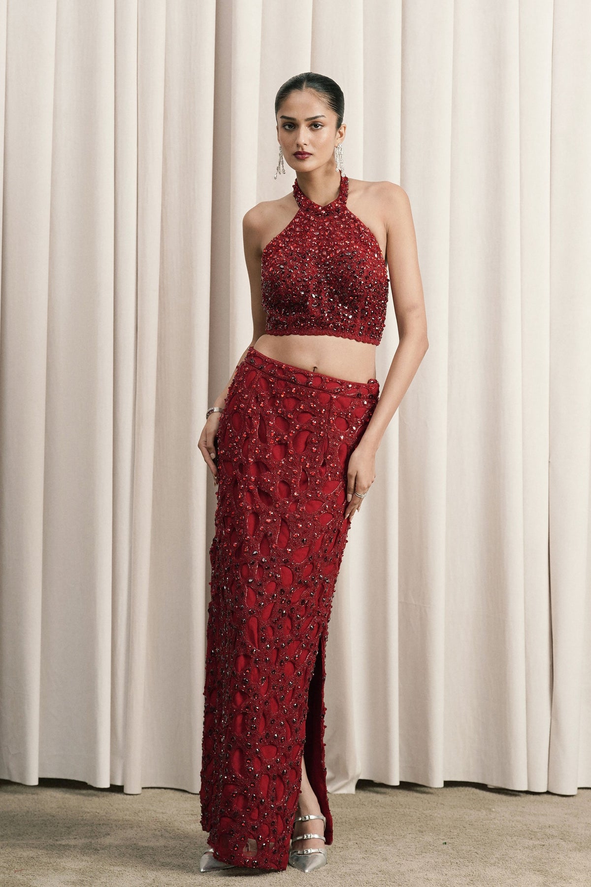 Red Crystal Halter Skirt Set