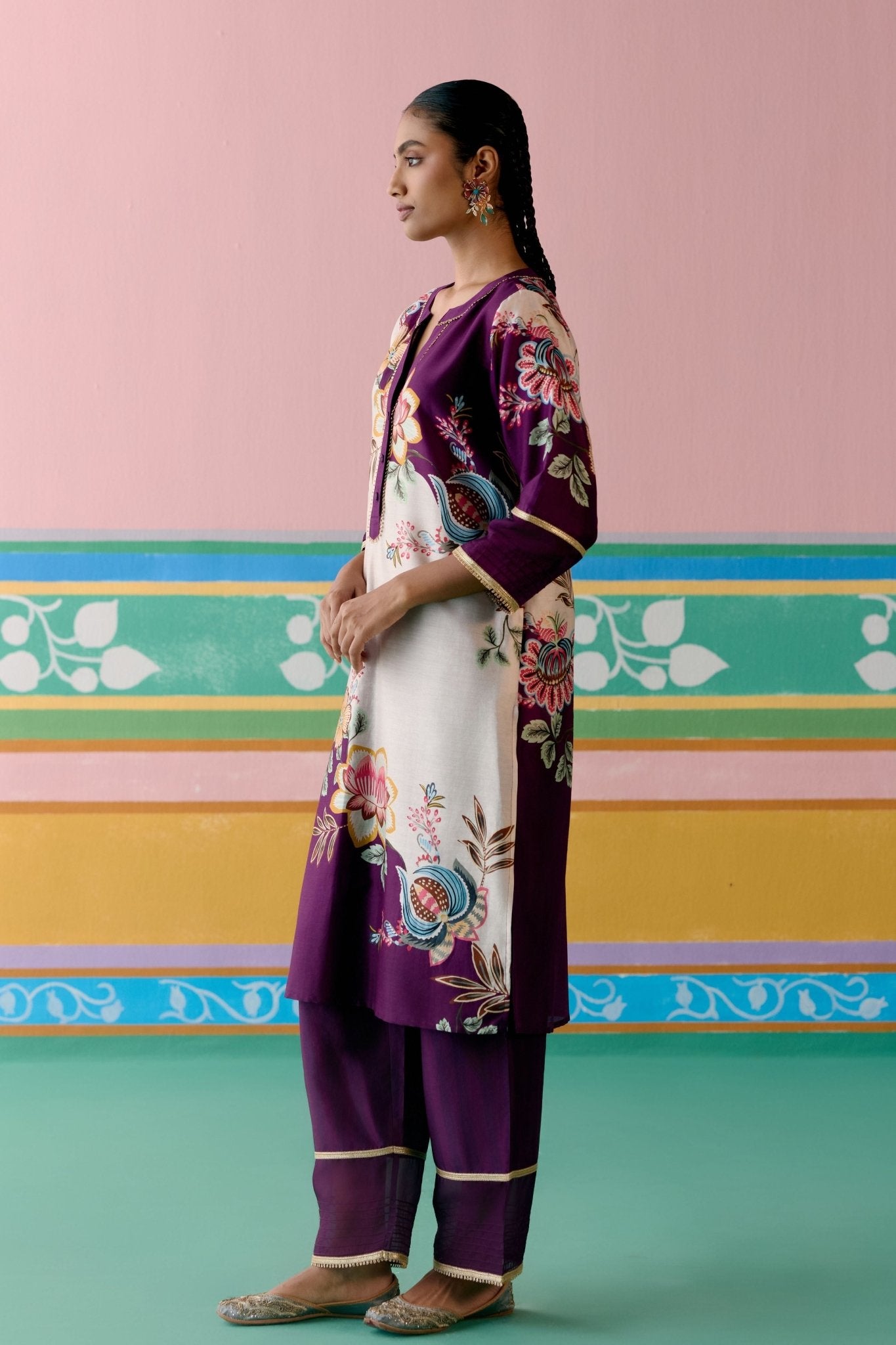 Purple Floral V - neck Kurta Set - Label Mogra - Elahe