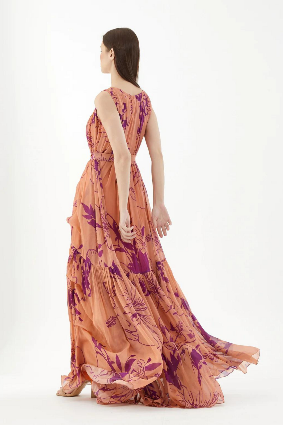 Orange And Purple Floral Sleeveless Long Dress