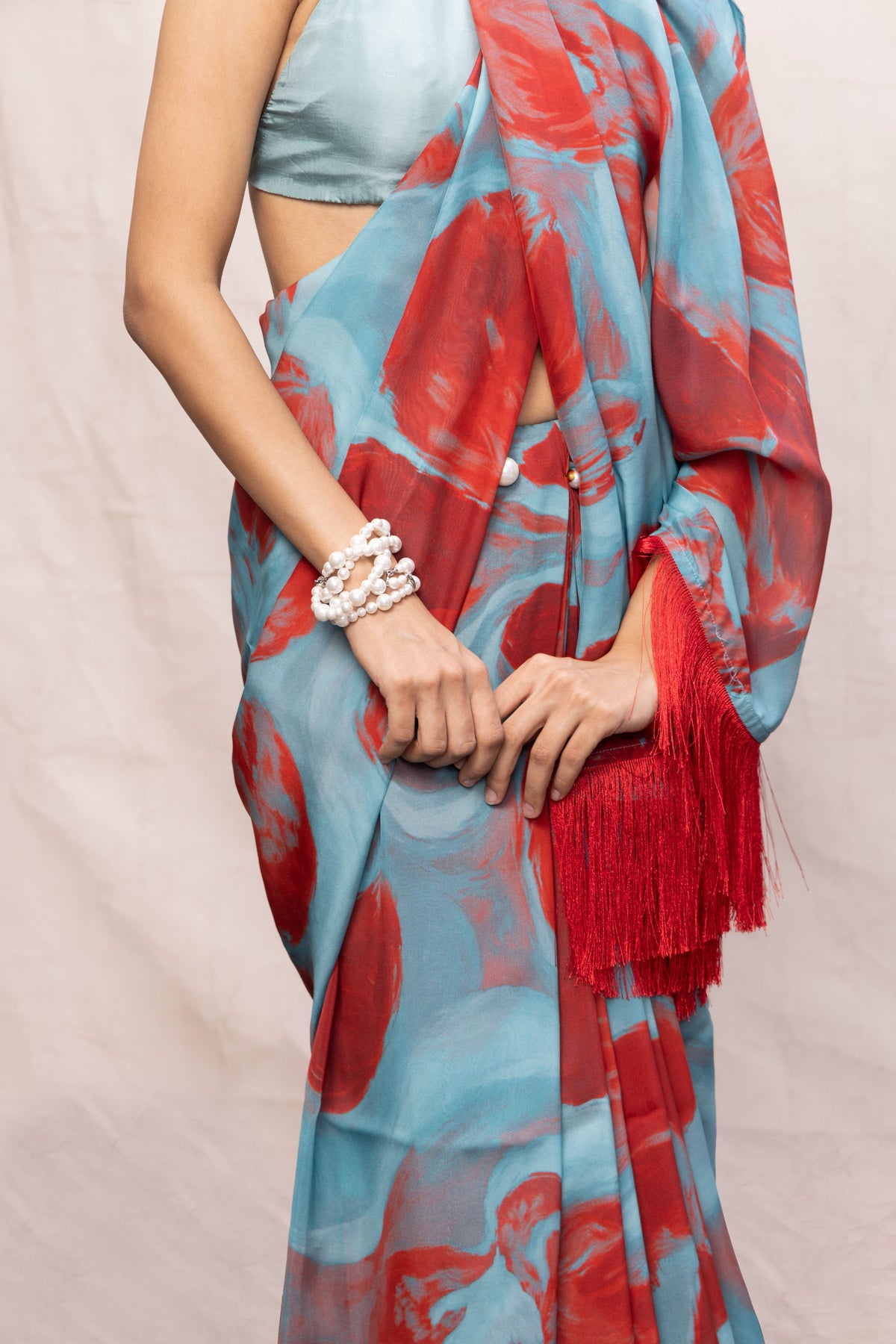 Sky Blue & Red Brush Stroke Saree