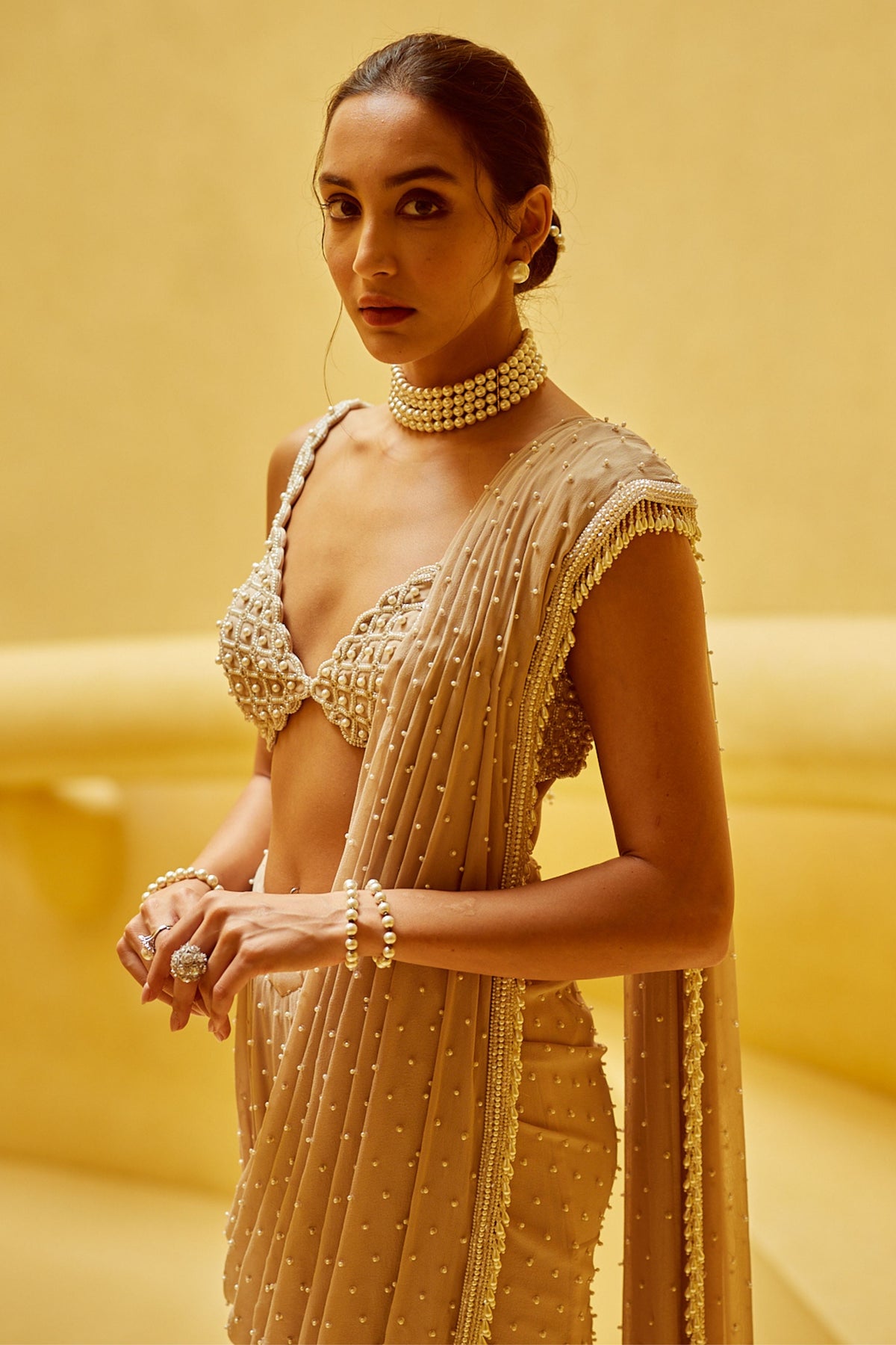 Light Beige Draped Saree Set