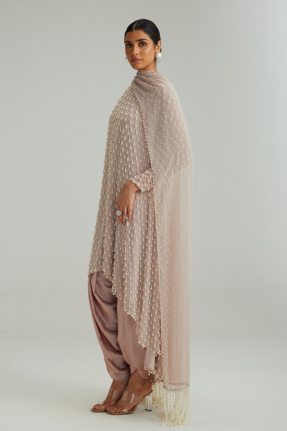 Ash Pink Pearl Drop Kurta Set With Dupatta