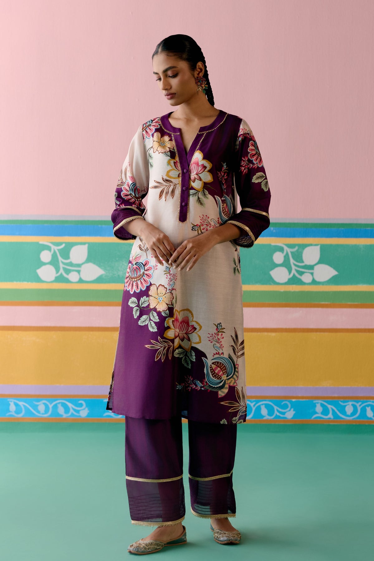 Purple Floral V-neck Kurta Set