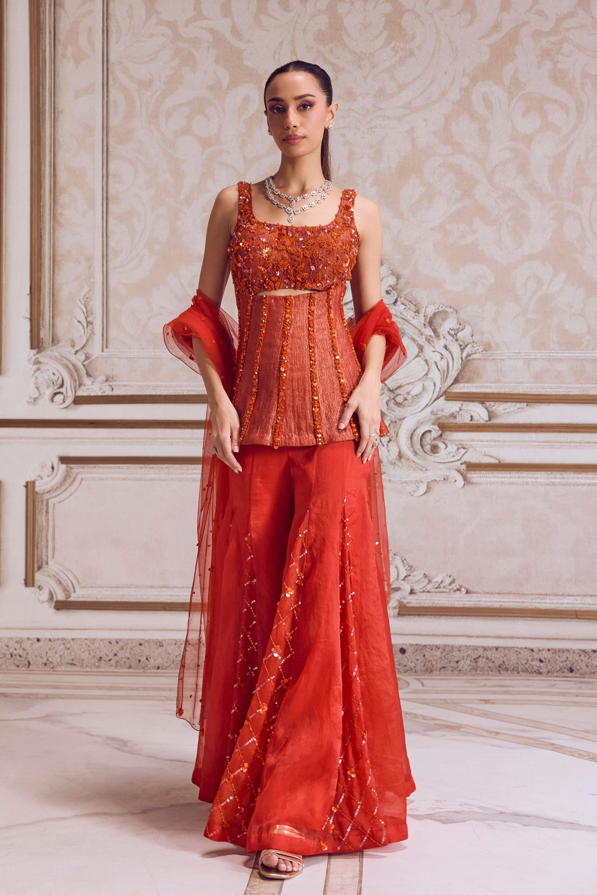 Rust Organza Sharara Set