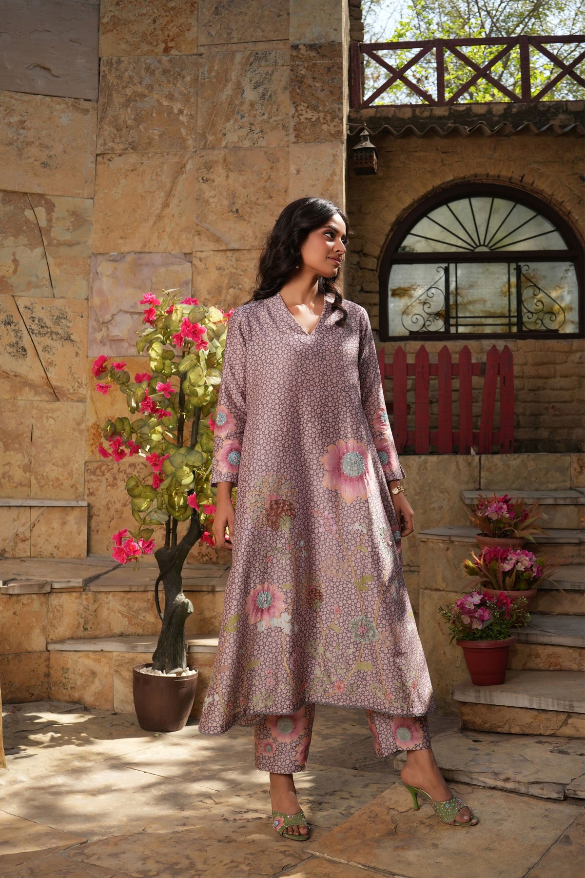 Mughal Phool Kurta Set  in Purple