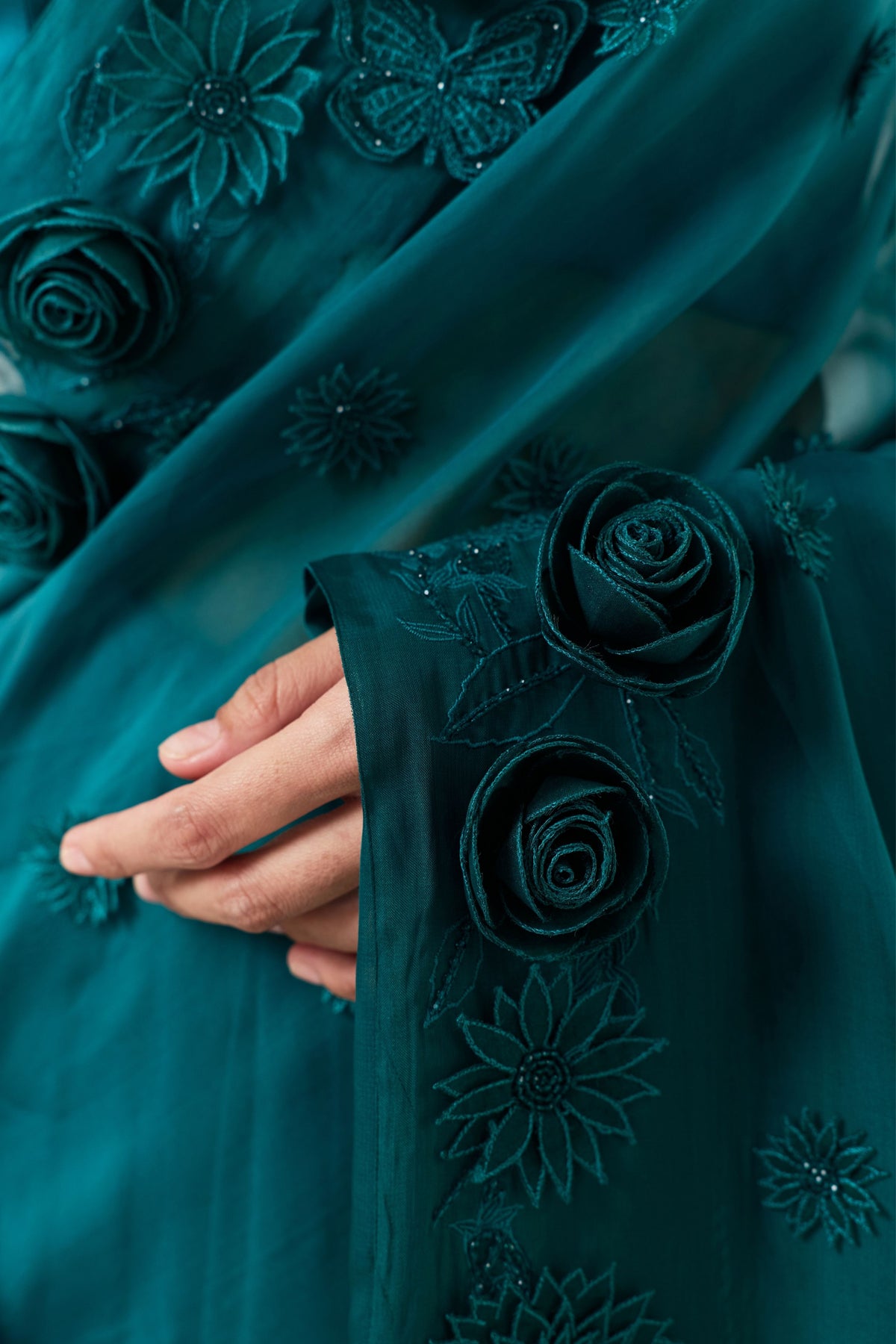 Teal Rose Saree Set