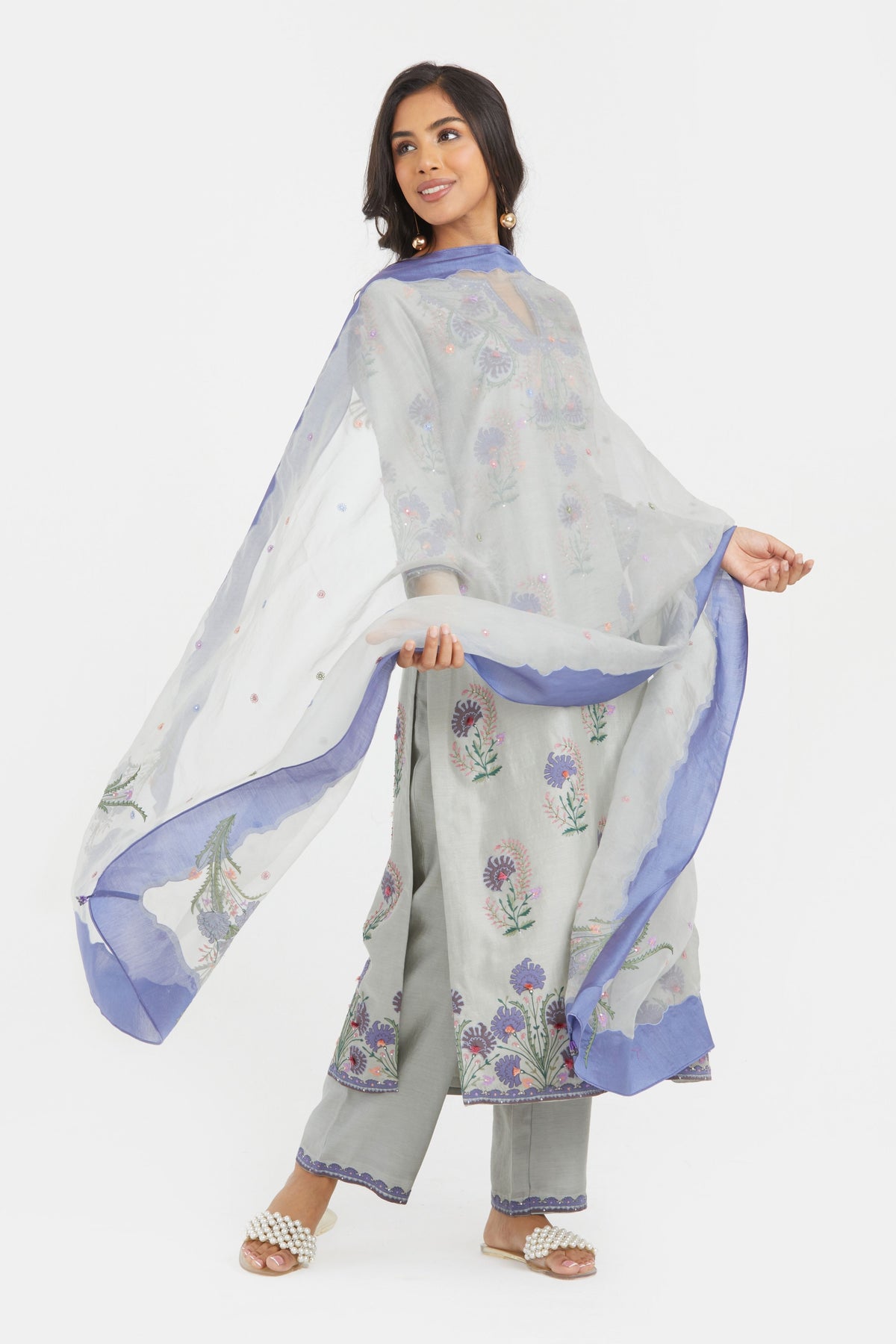 Bluish Grey Silk Chanderi Kurta Set