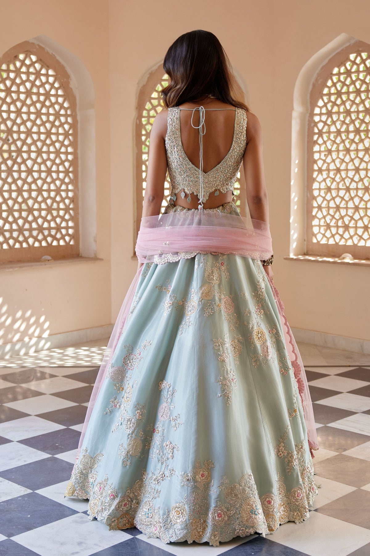 Tea Green Embroidered Lehenga Set