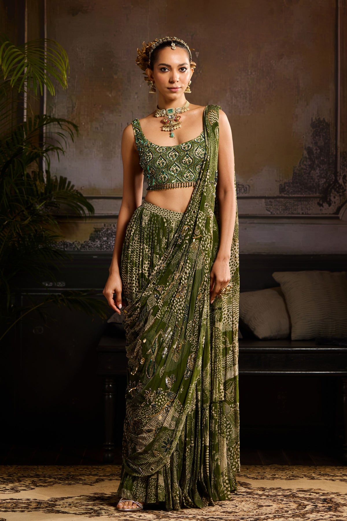 Sage Green Printed  Saree Set