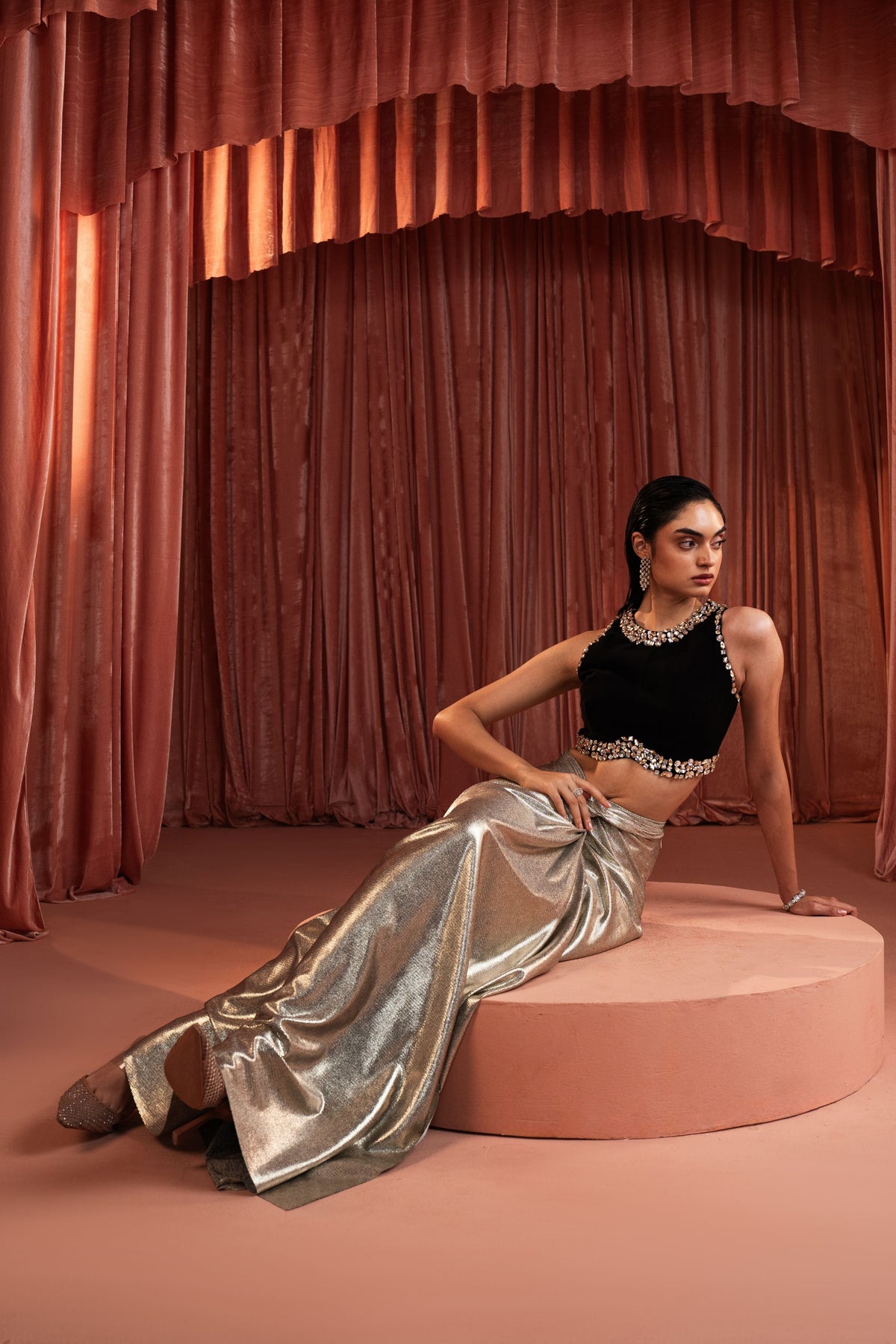 Black Beaded Draped Skirt Set