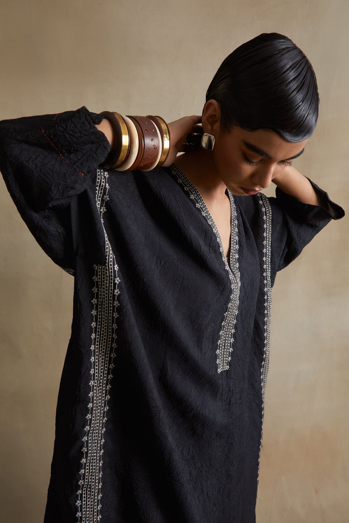 Black Thread Embroidered Kaftan Set
