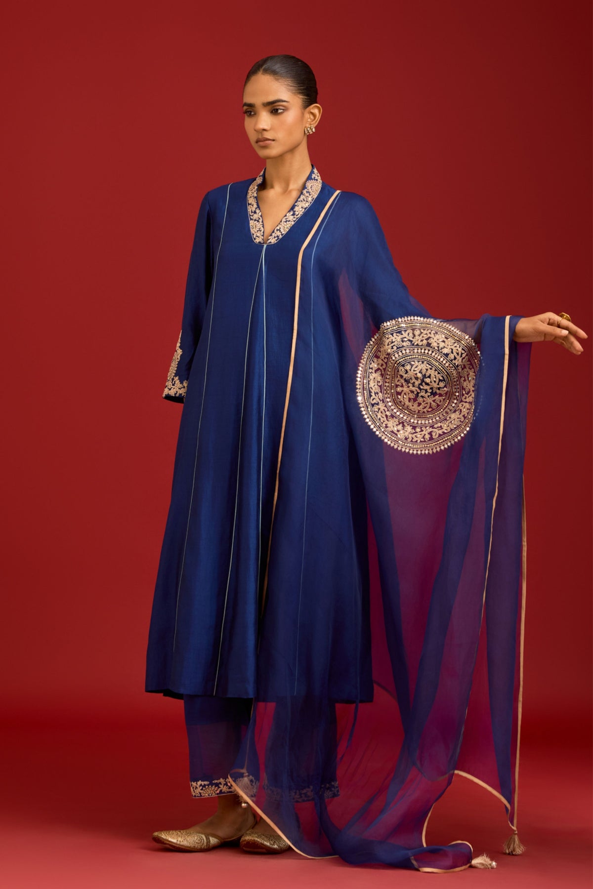 Navy Chinniya Silk Kurta Set