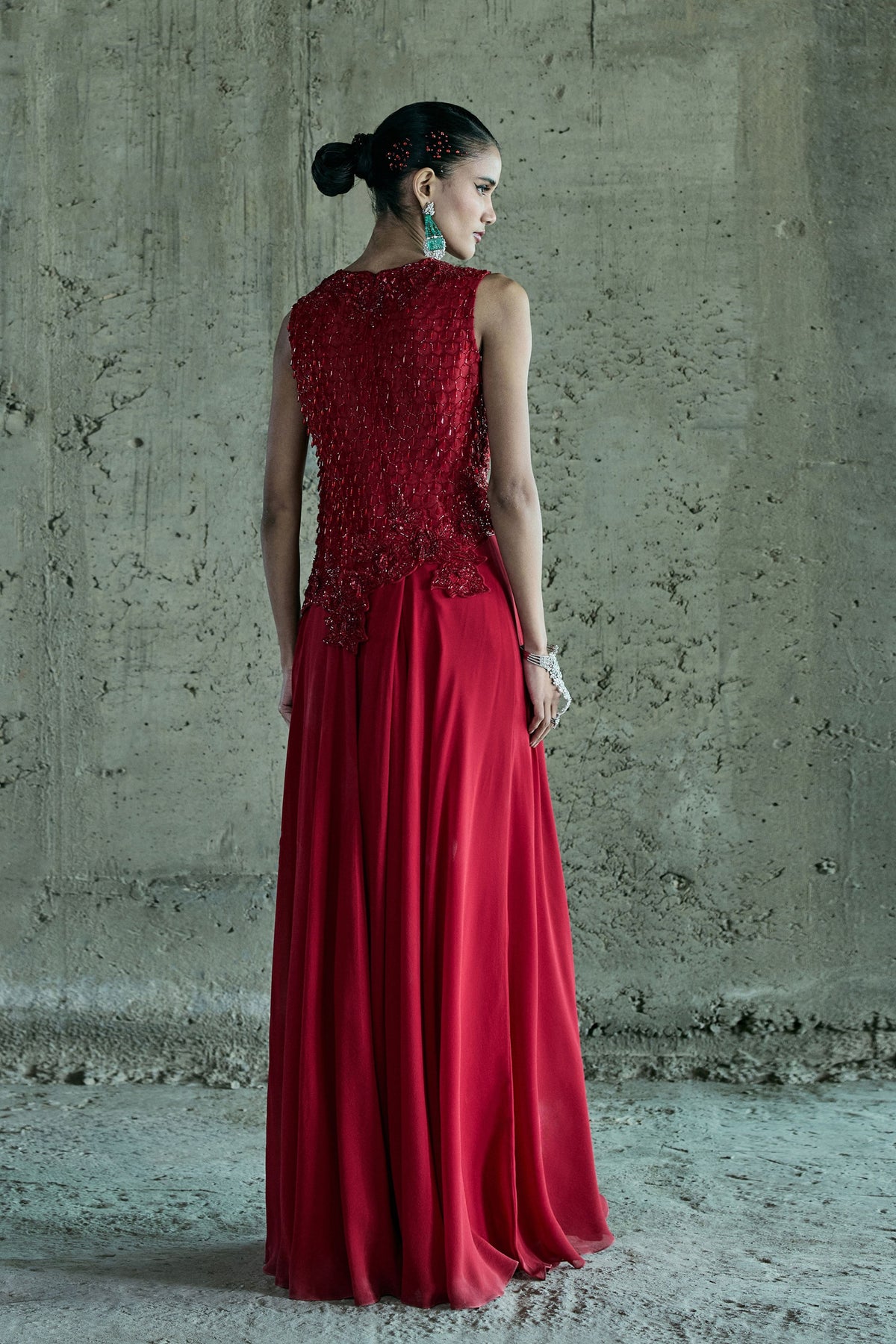 Red Assymetrical Top With Pants