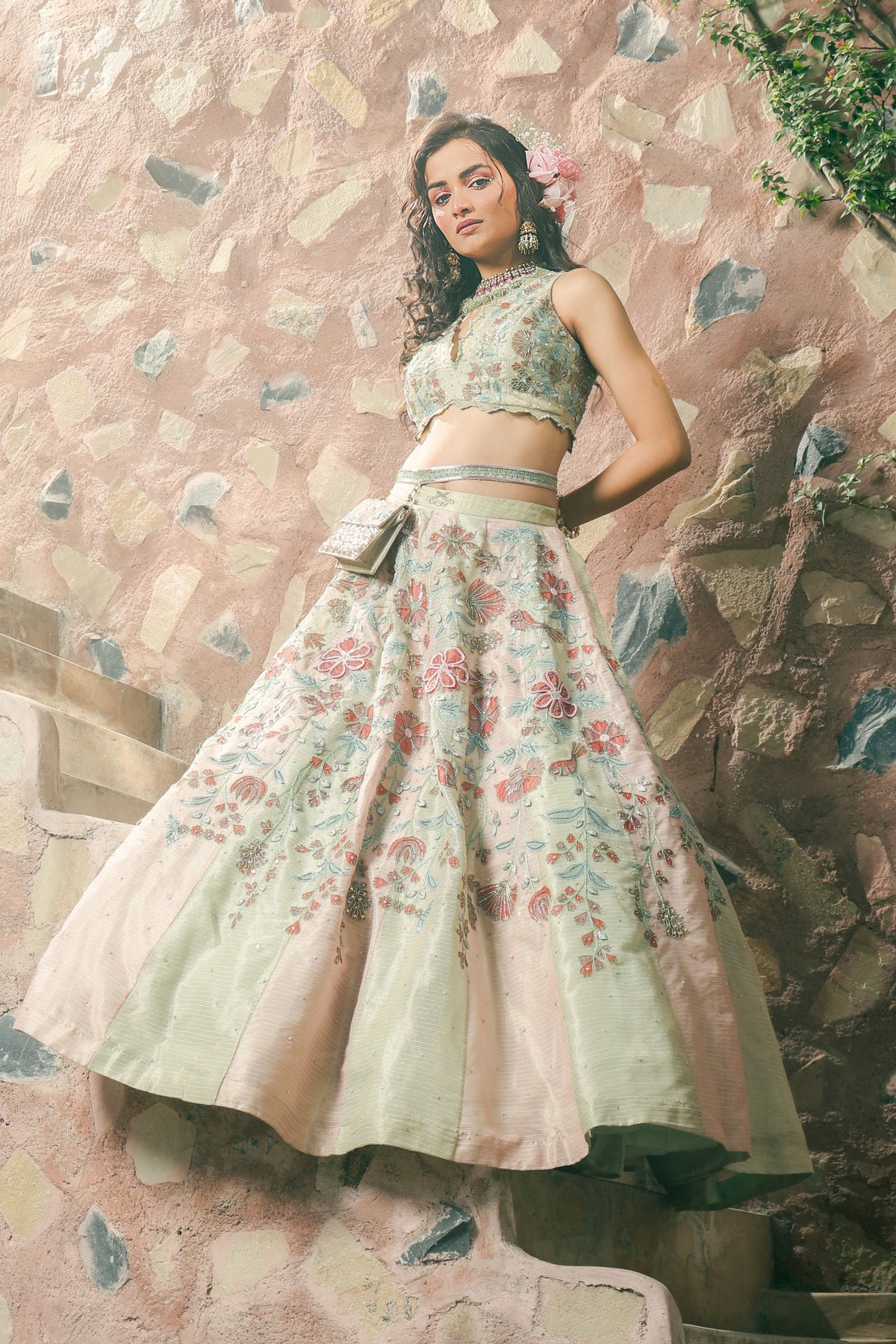 Spring Green and Melon Lehenga Set
