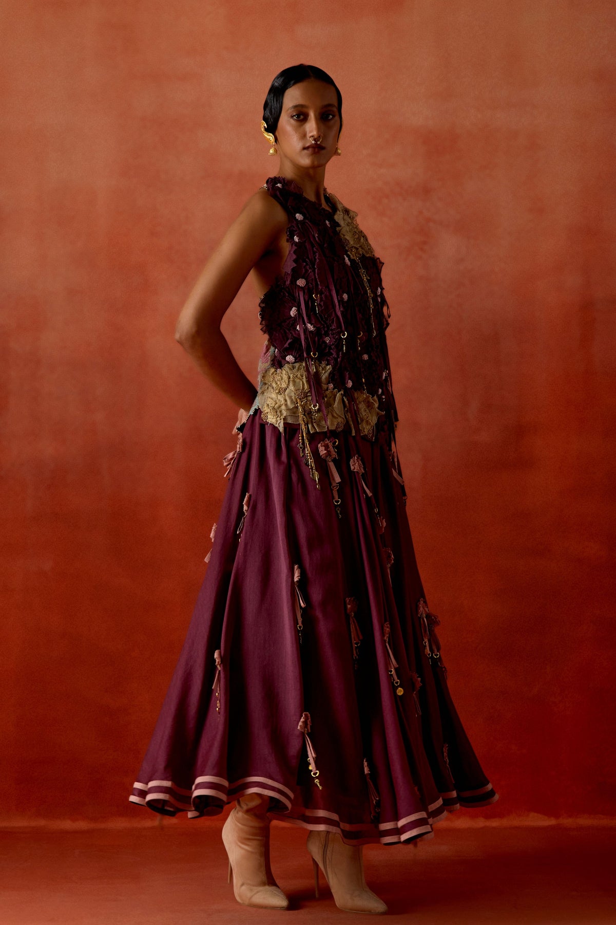 Wine Embroidered Skirt Set