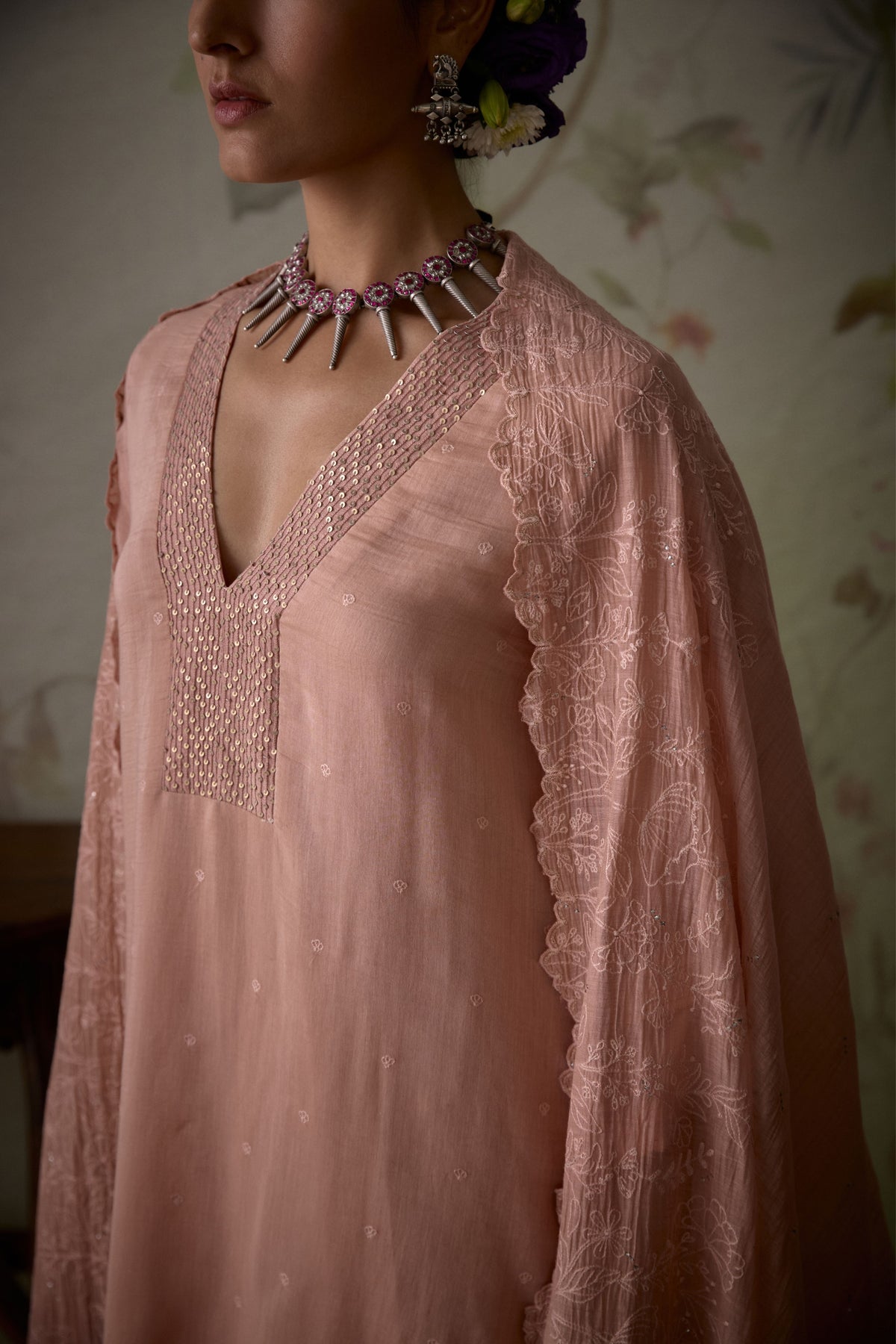 Embroidered Scalloped Pink Kurta Set