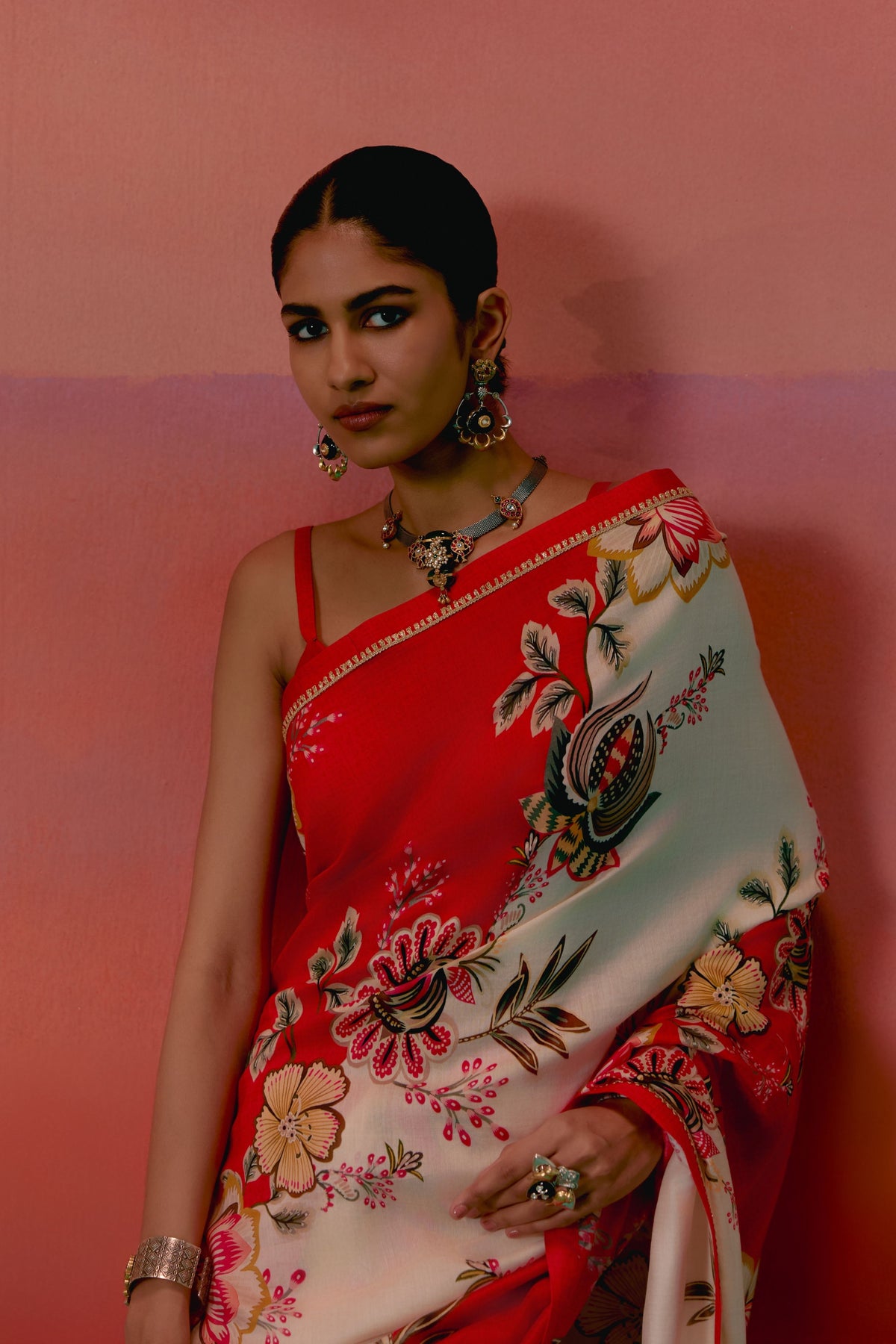 Ecru and Red Floral Saree