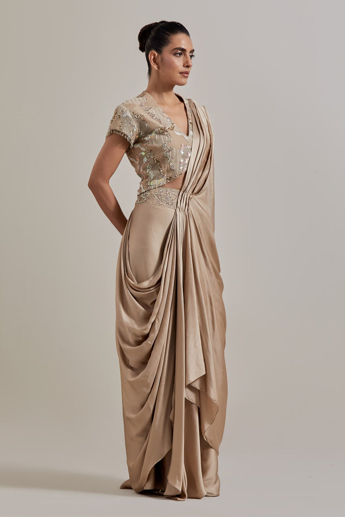 Champagne Drape Saree Set