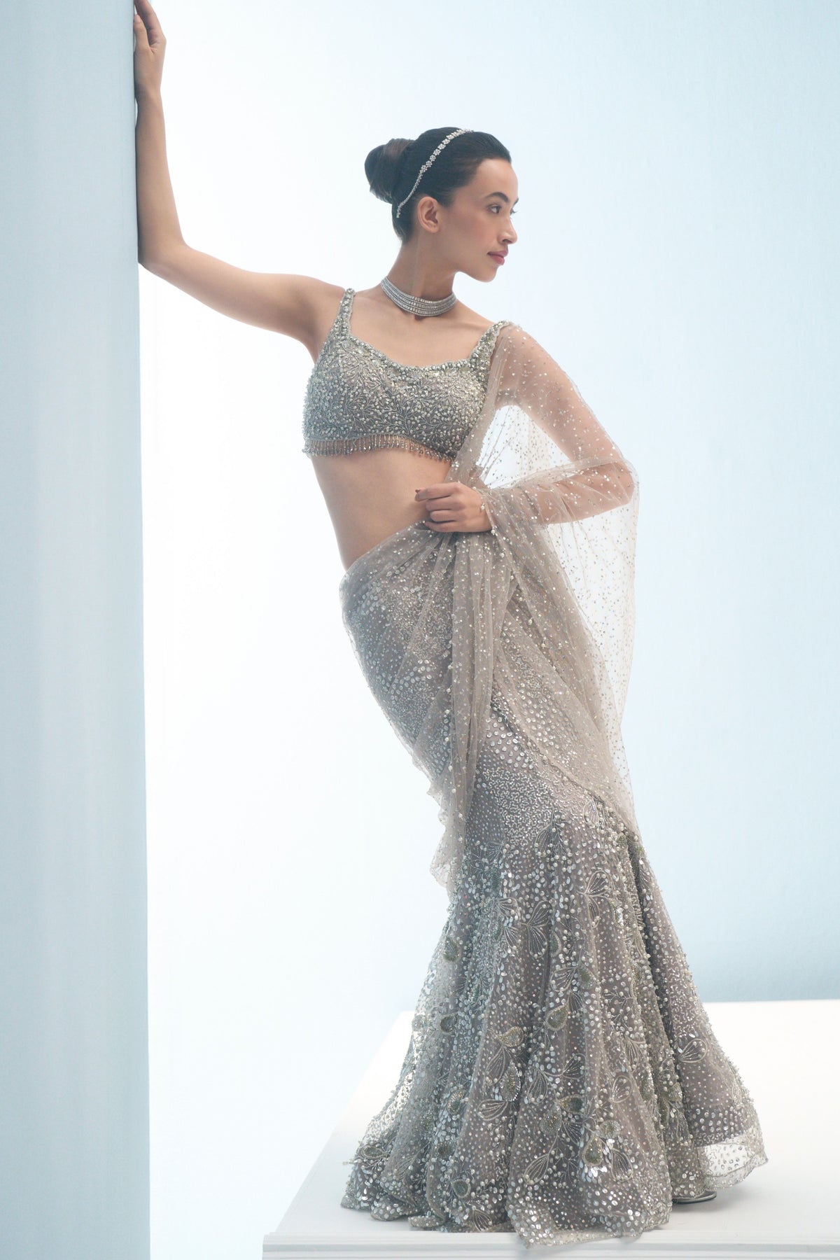 Silver Grey Drape Lehenga Set