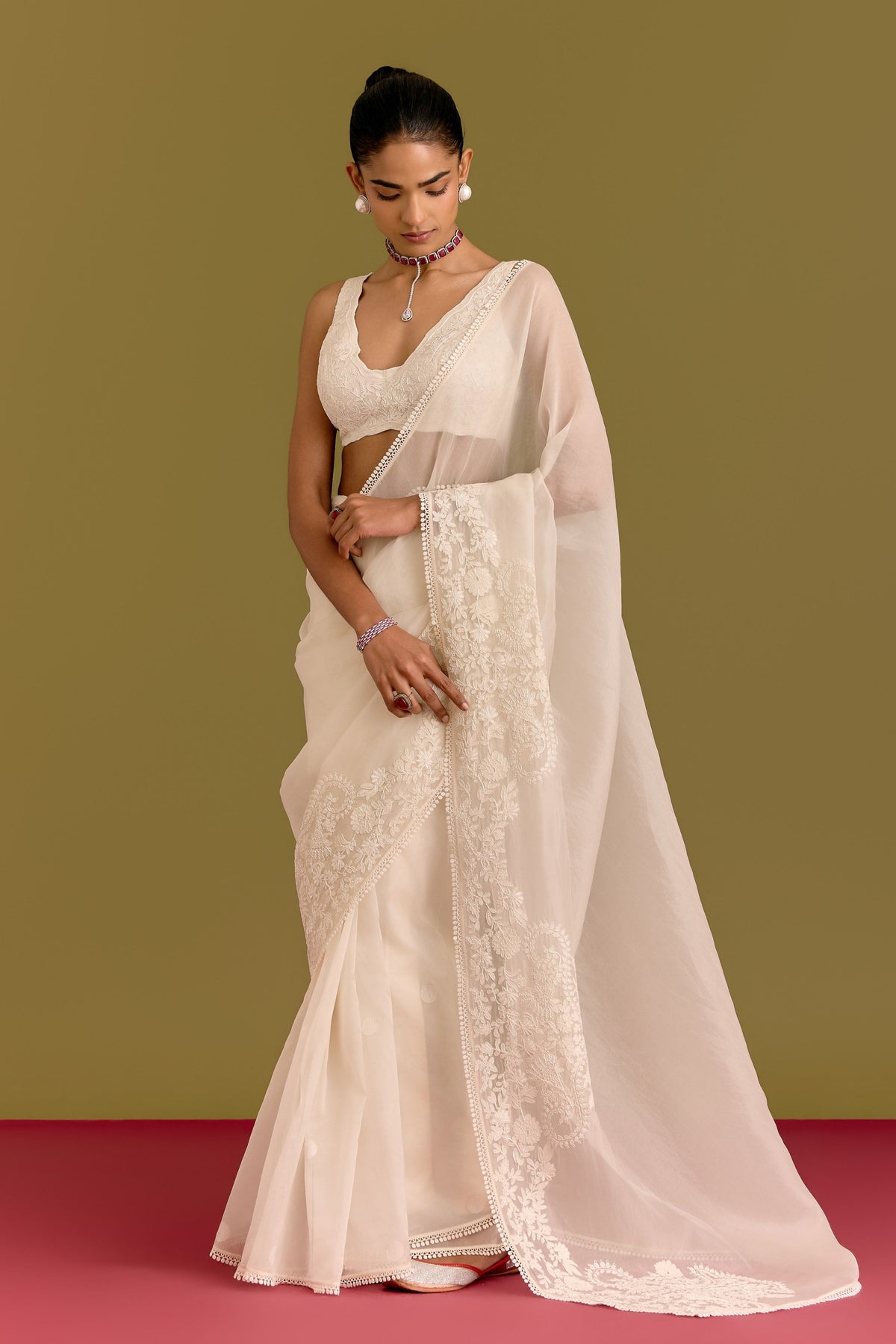 Ivory Embroidered Saree Set
