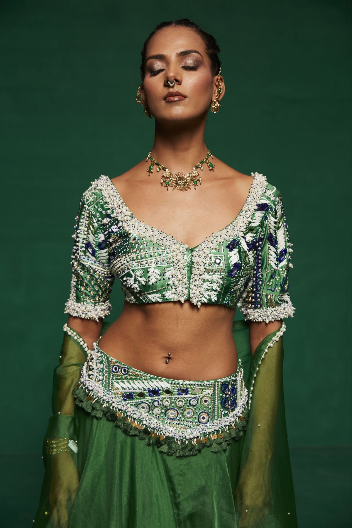 Green Organza Lehenga Set