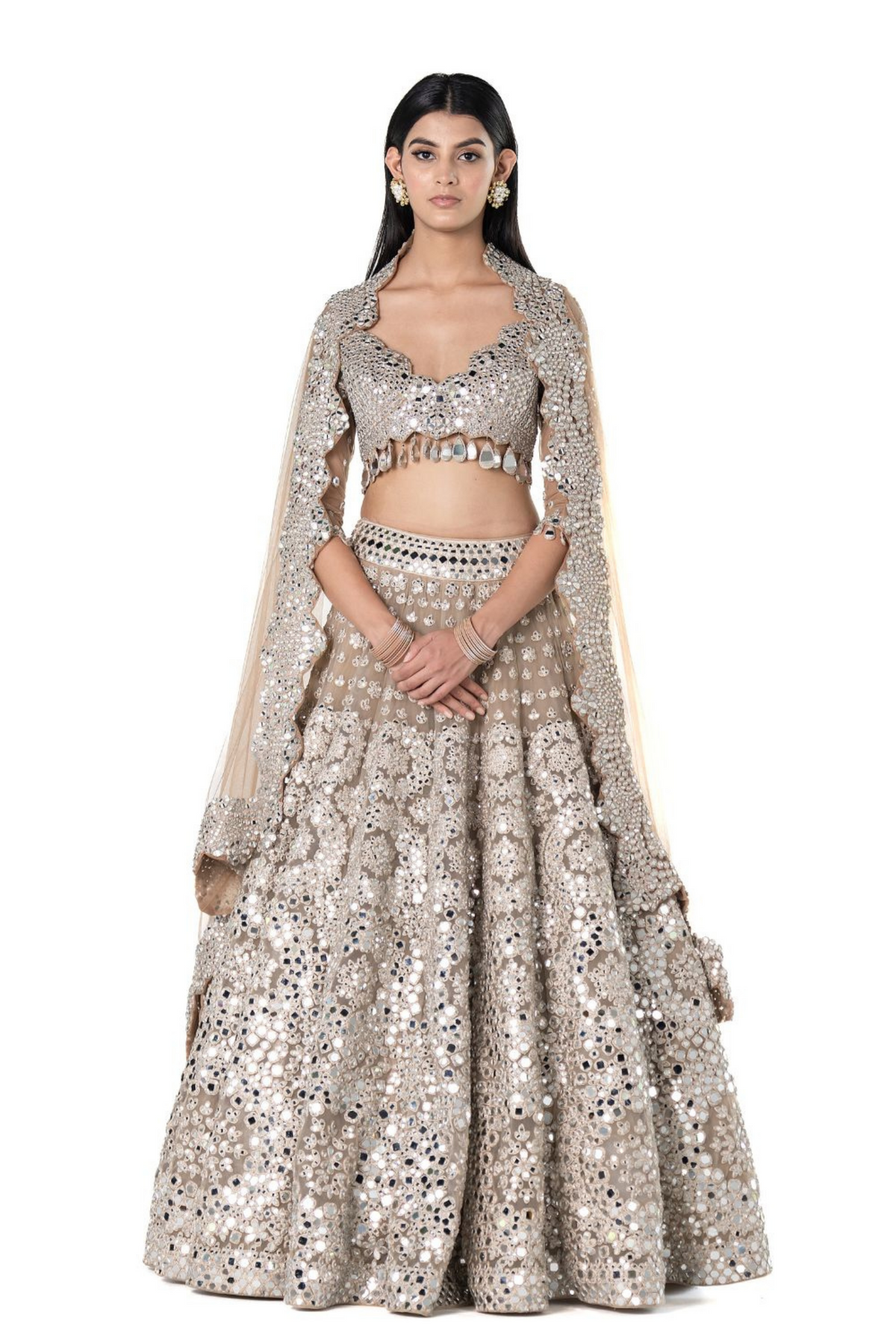 Mirror Work Lehenga Set in Beige