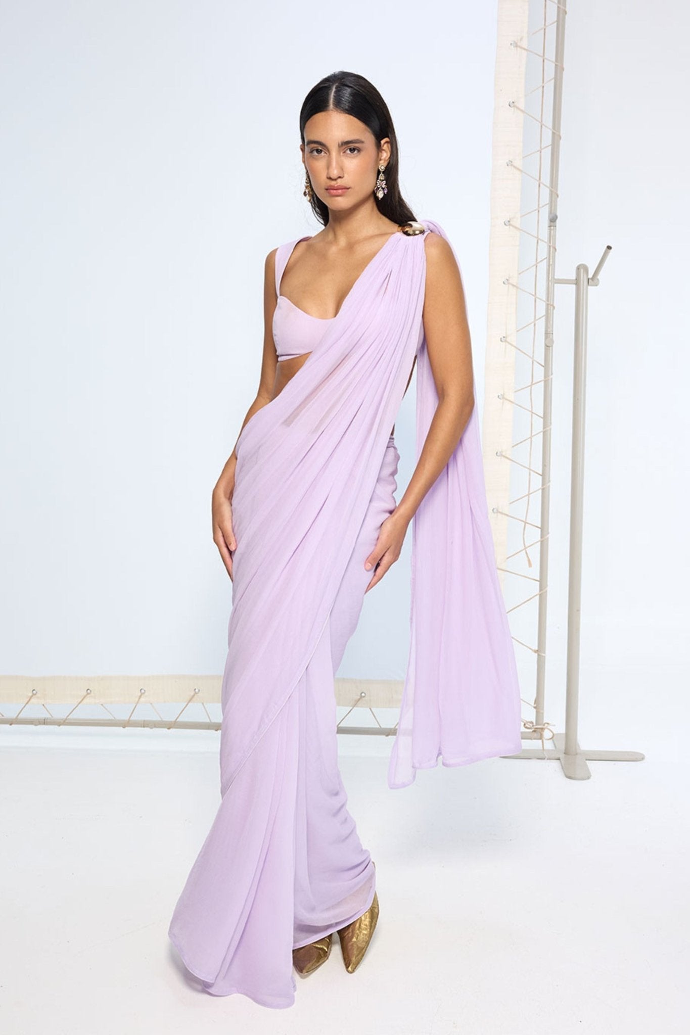 Lavender Movable Brooch Saree - Ekaya - Elahe