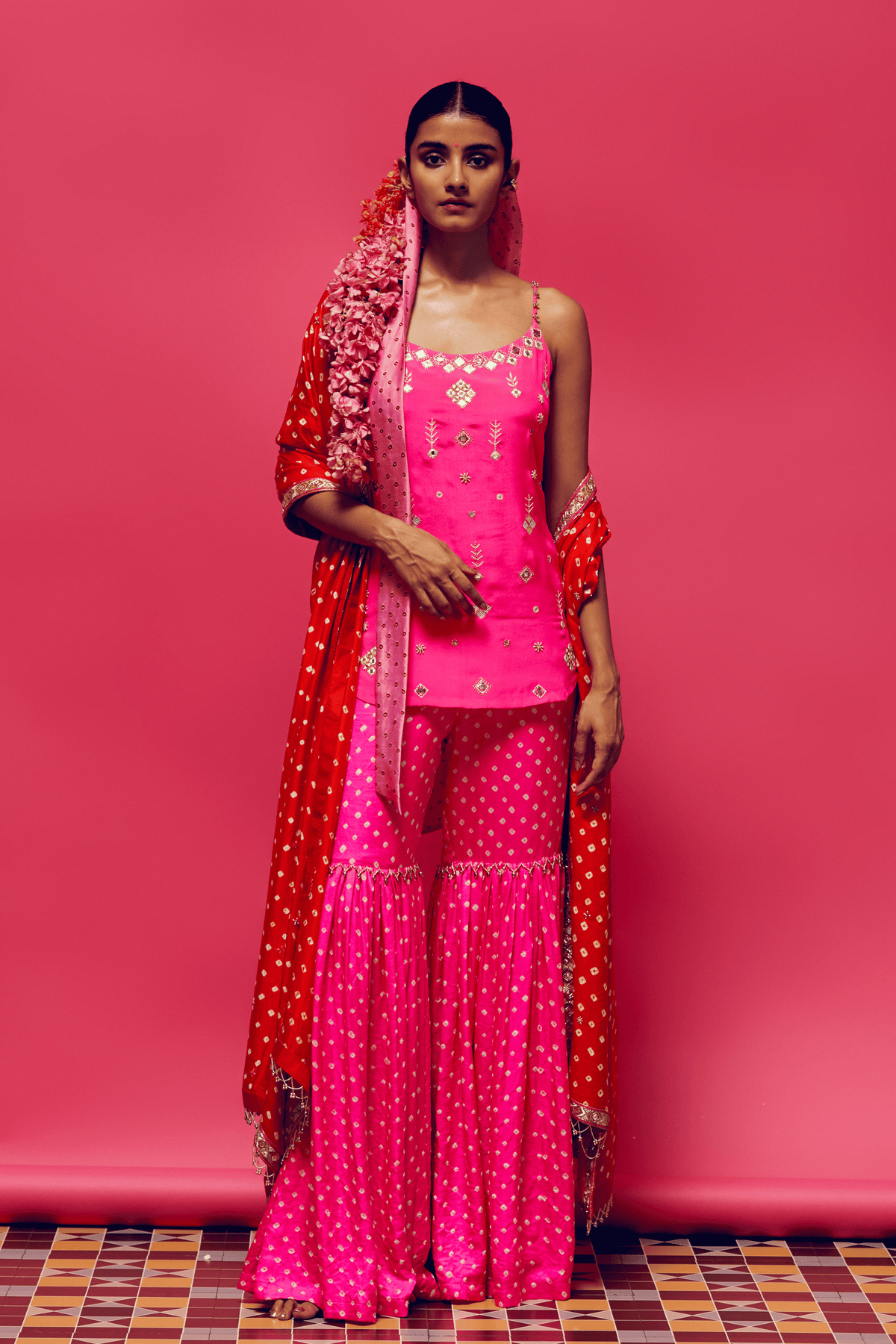 Neon Pink Embroidered Gharara Set