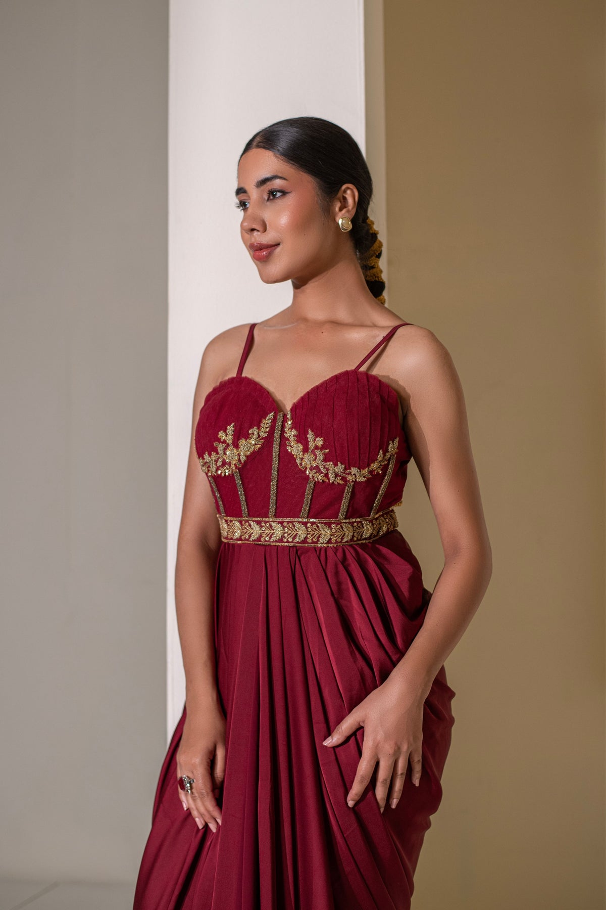 Maroon  Pre-Draped Saree Dress