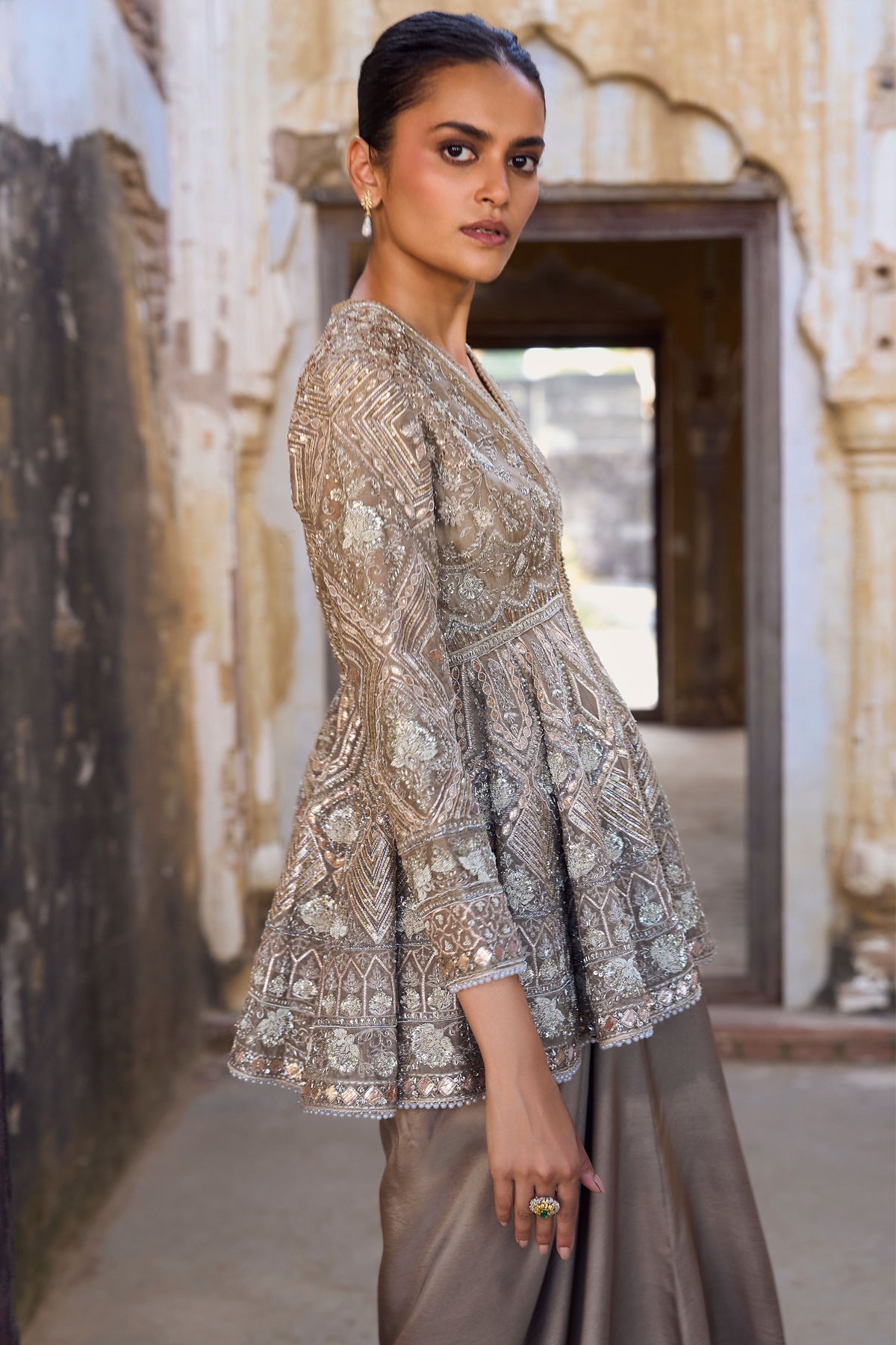 Golden Beige Peplum Set