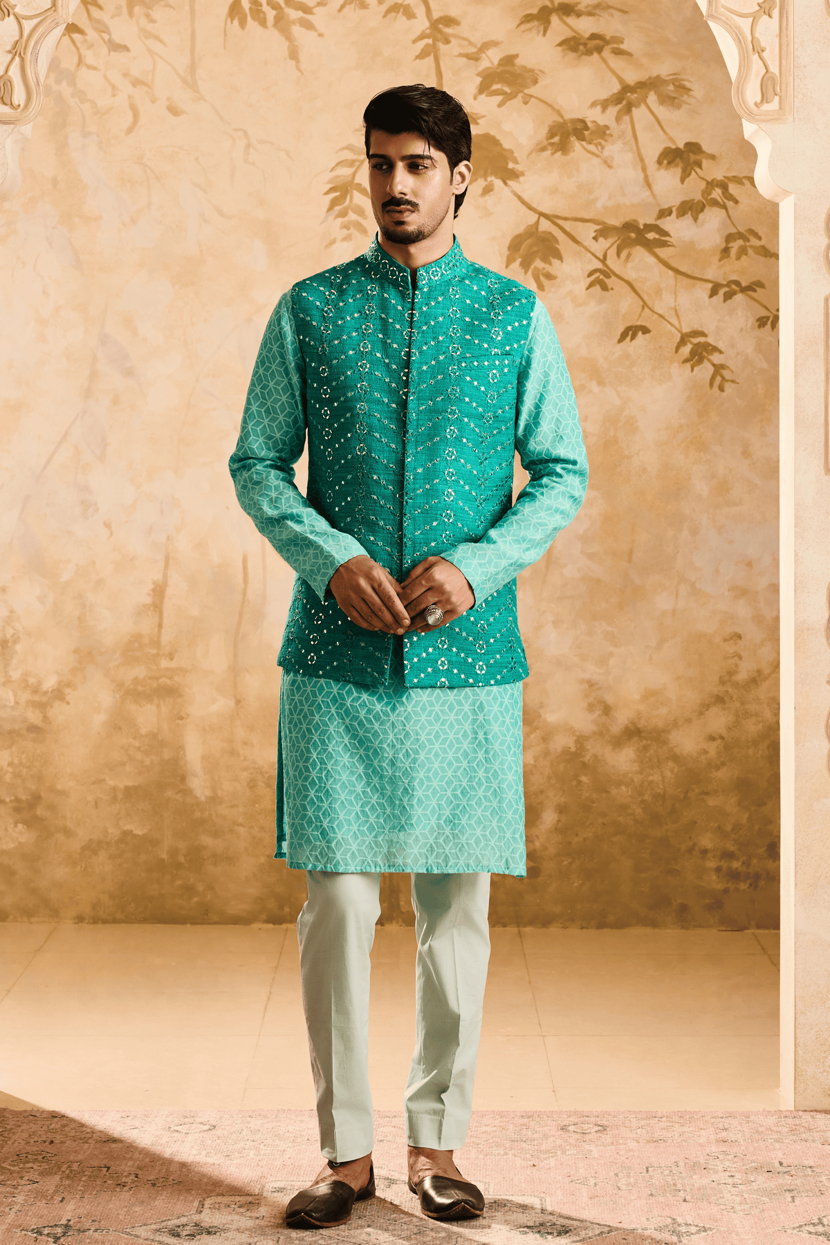 Teal Mirrorwork Nehru Jacket Kurta Set