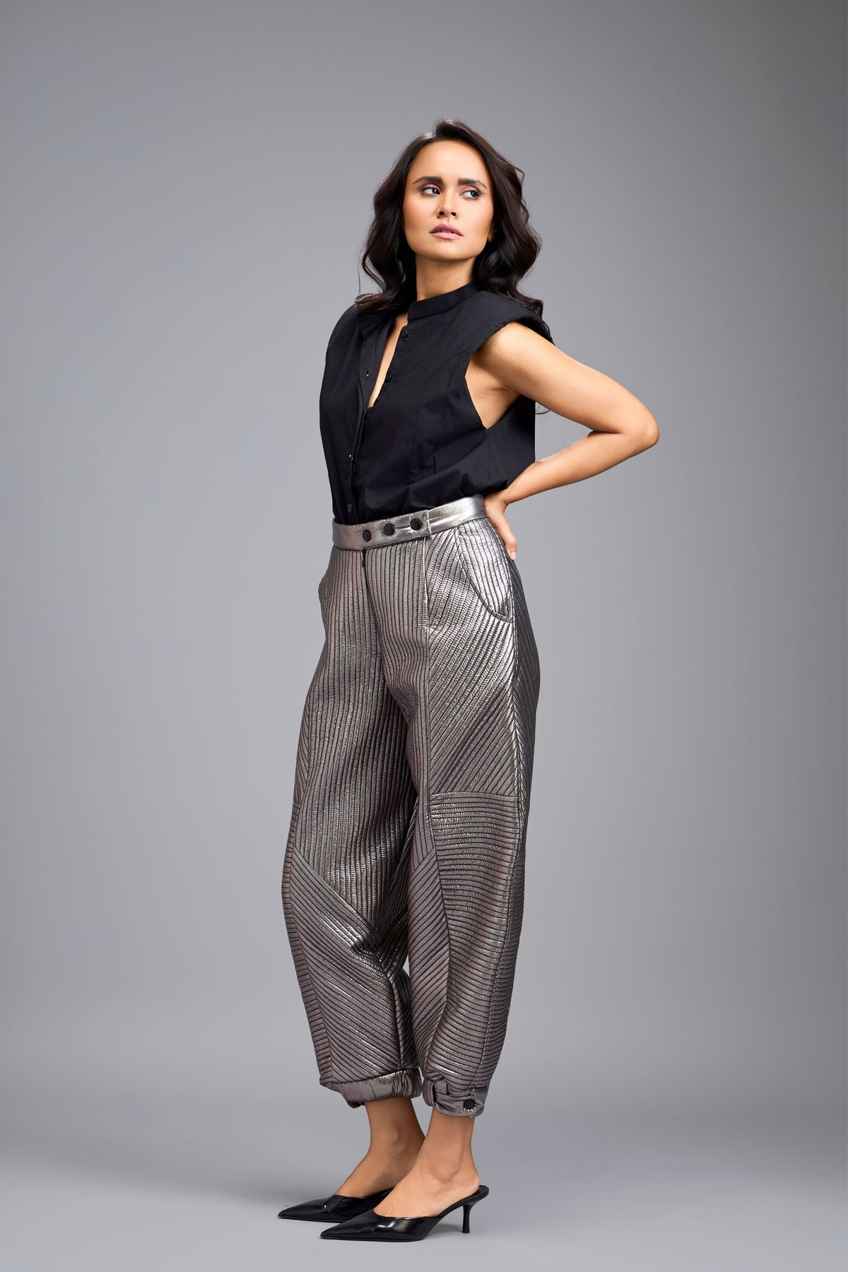 Metallic Gunmetal Quilted Pants