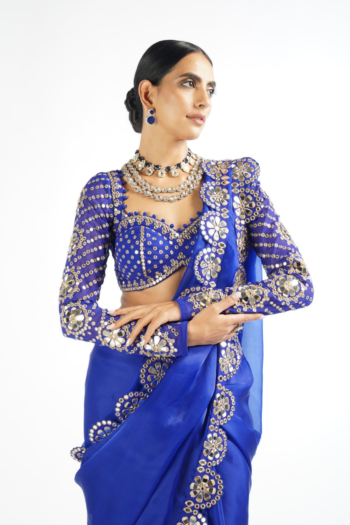 Royal Blue Mirror Work Saree Set